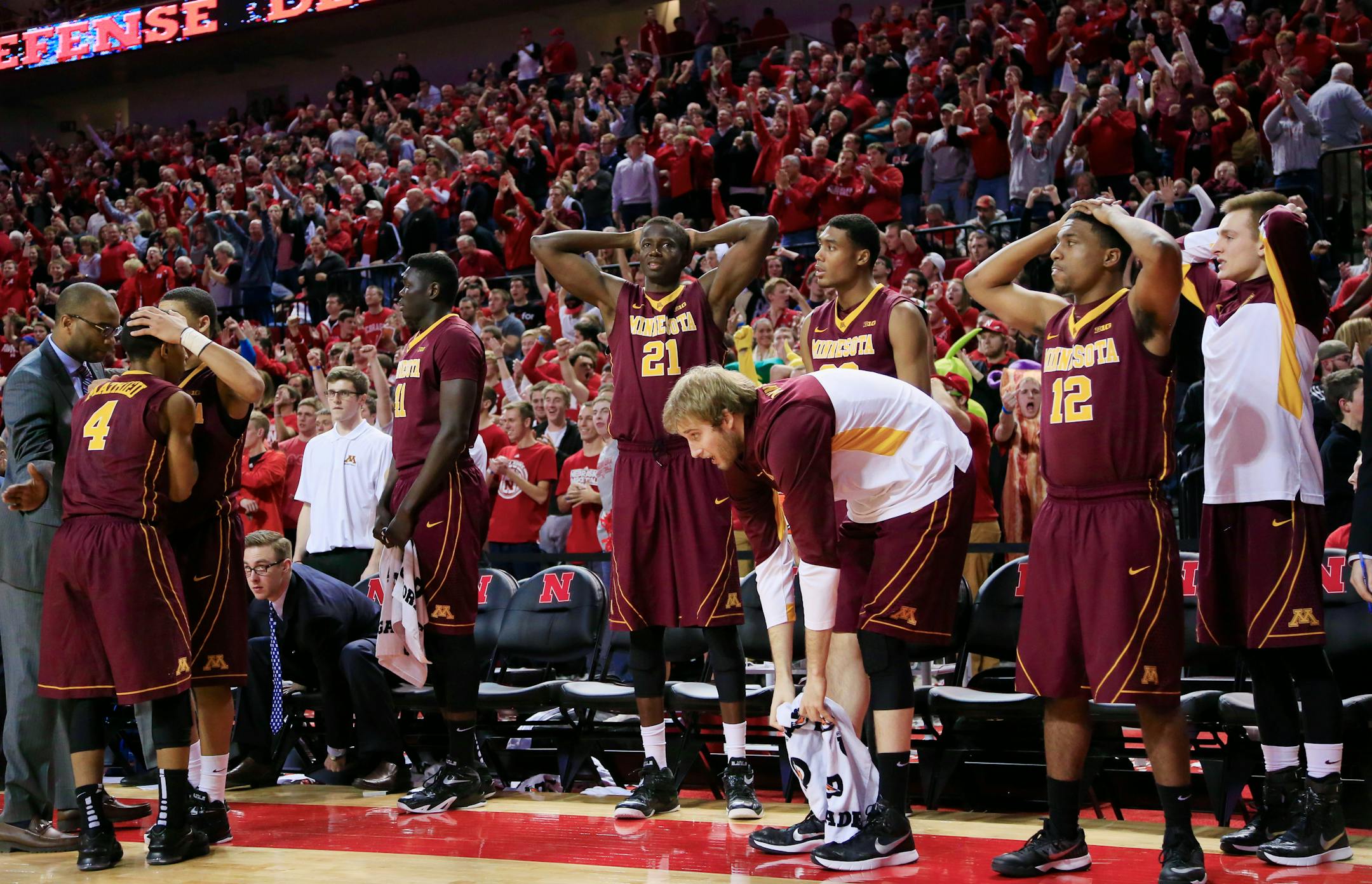 DeAndre Mathieu (4) missed a potential game-tying three-pointer at the end of Tuesday night’s game at Nebraska, and it was the Gophers’ poor free-throw shooting (9-for-19) that helped create the deficit.