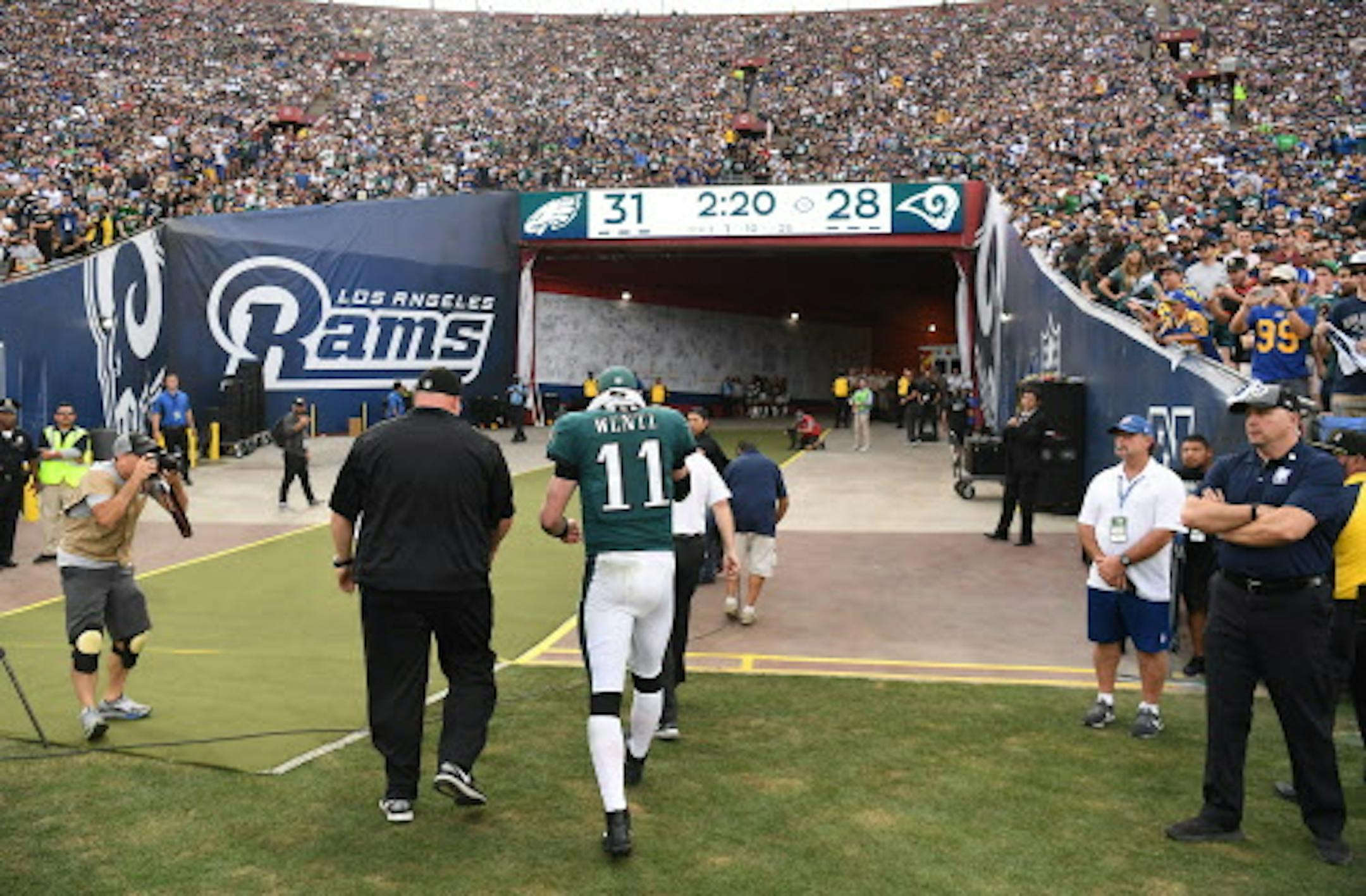 Philadelphia Eagles quarterback Carson Wentz walks off the field after injuring his leg against the Los Angeles Rams on Sunday, Dec. 10, 2017 at the Coliseum in Los Angeles, Calif. (Wally Skalij/Los Angeles Times/TNS) ORG XMIT: 1218182