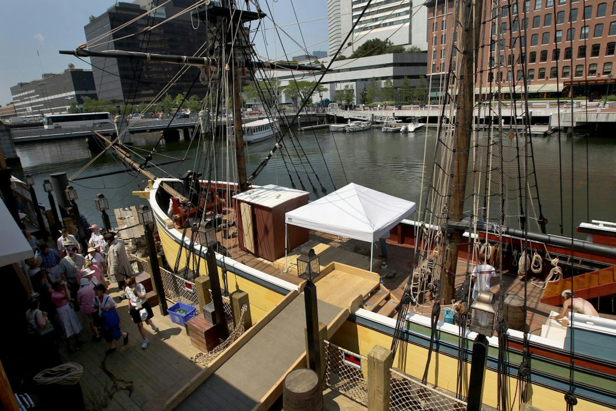 A group gets an early tour of the museum at the Boston Tea Party Ships and Museum.