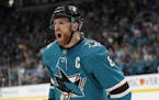 San Jose Sharks center Joe Pavelski (8) celebrates after scoring a goal against the Colorado Avalanche during the first period of Game 7 of an NHL hoc