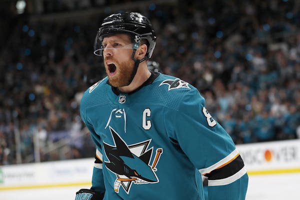 San Jose Sharks center Joe Pavelski (8) celebrates after scoring a goal against the Colorado Avalanche during the first period of Game 7 of an NHL hoc