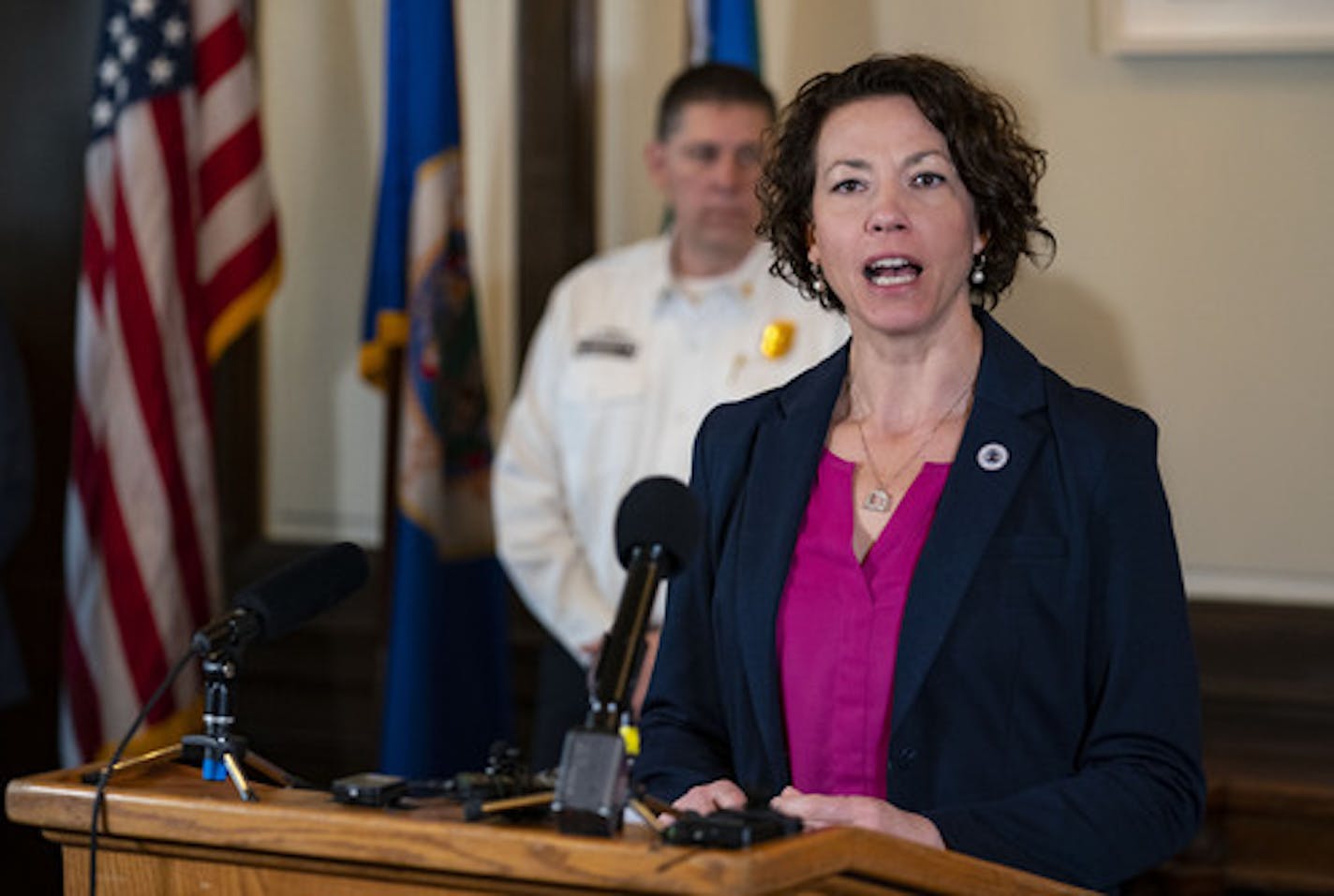 Duluth Mayor Emily Larson spoke at the press conference discussing the measures the city would be taking to slow the spread of COVID-19. ] ALEX KORMANN • alex.kormann@startribune.com Community leaders in Duluth, MN met at city hall on Monday March 16, 2020 to discuss measures the city would be taking to combat the spread of COVID-19. Speakers included Duluth Mayor Emily Larson, Congressman Pete Stauber and executives from Essentia Health and St. Luke's, among others.