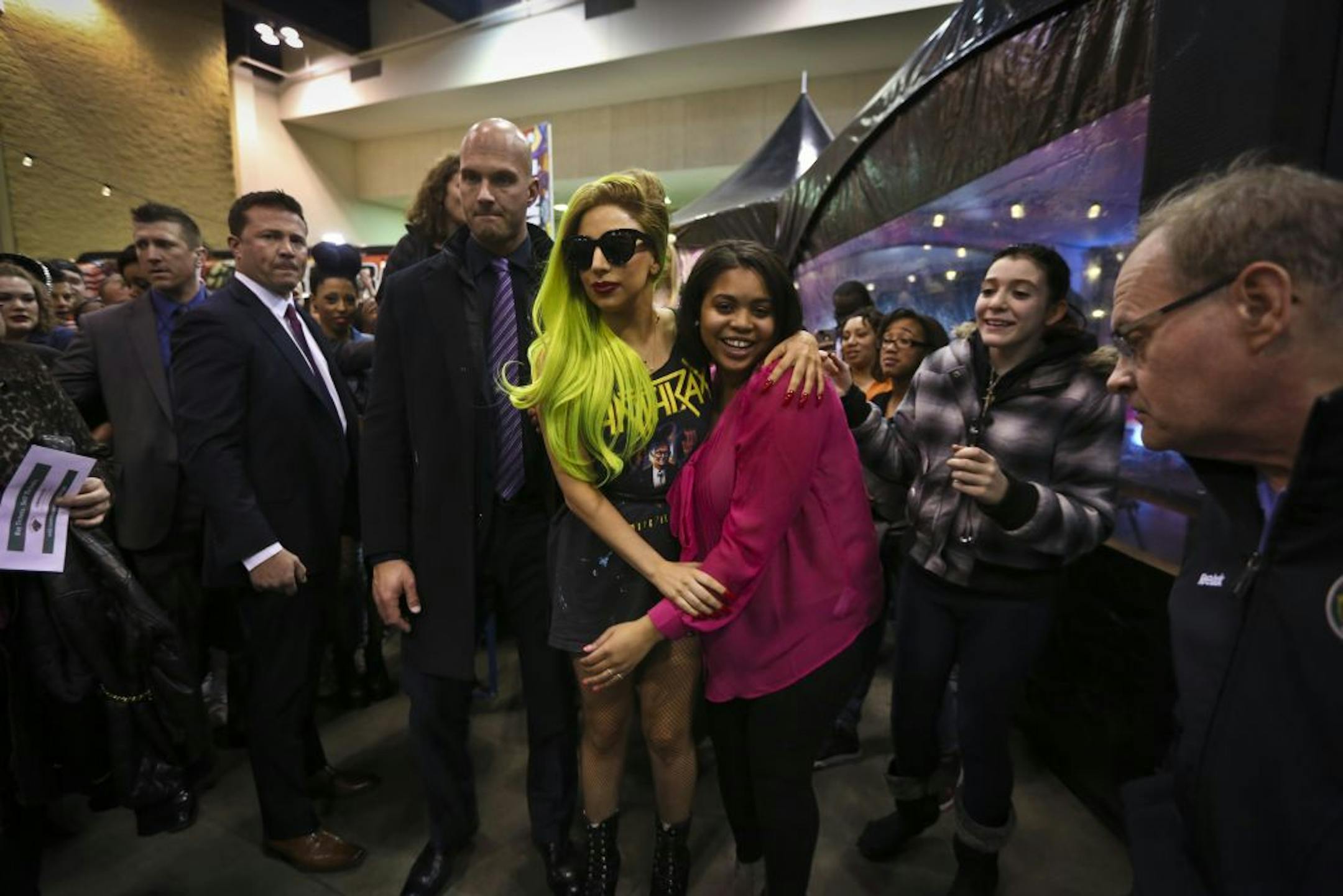 Lady Gaga greeted fan Rachel Copeland-Nunn amid a huge crowd at a pre-show event at Xcel Energy Center on Wednesday.