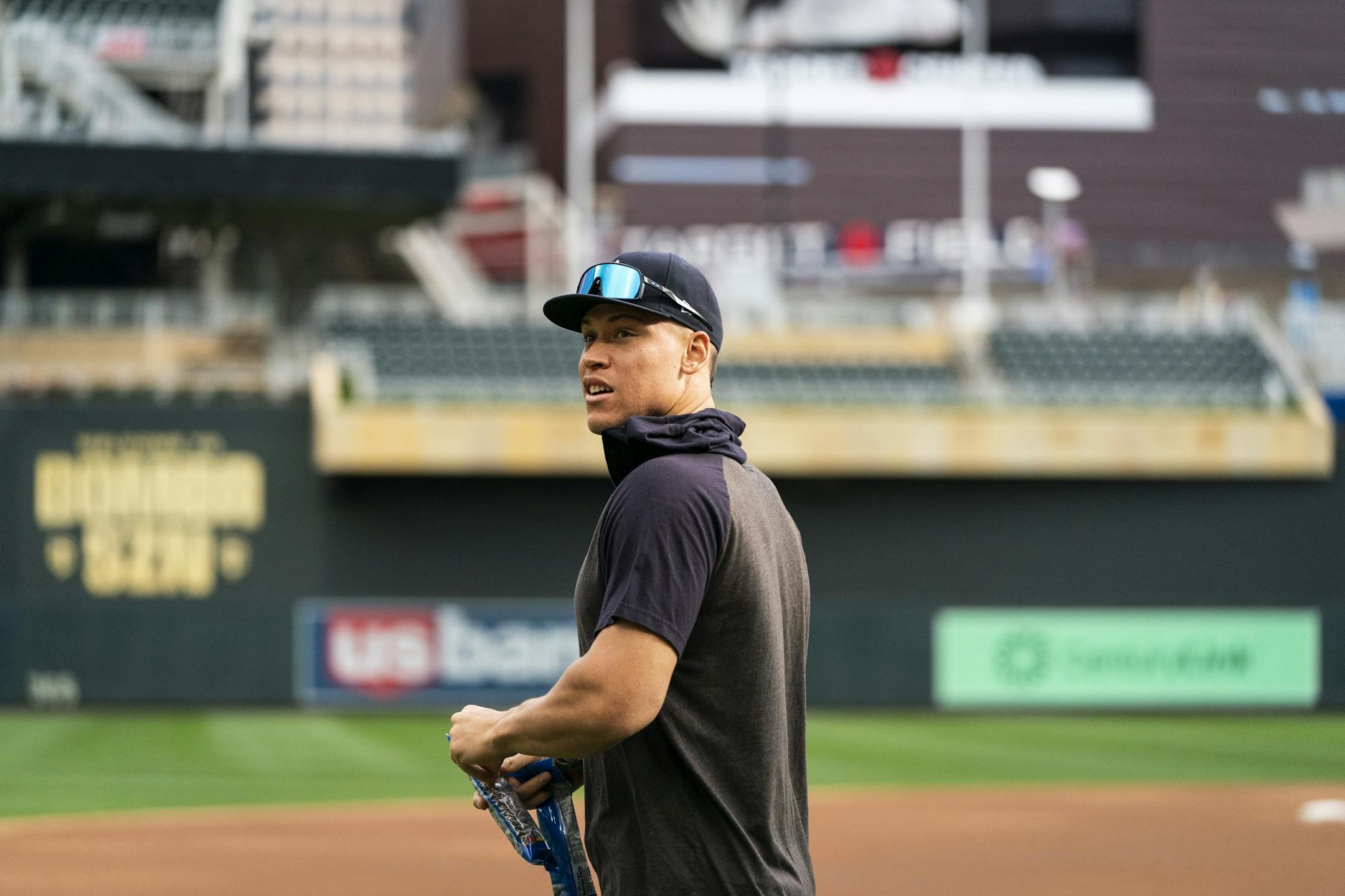 New York Yankees right fielder Aaron Judge (99) walked out onto the field for a workout.