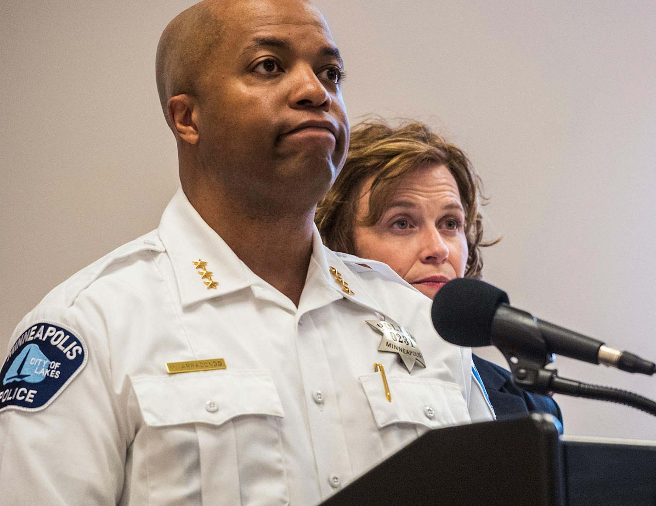 Minneapolis mayor Betsy Hodges and assistant police chief Medaria Arradondo addressed the media. They declined to comment on details of the officer shooting of a woman in south Minneapolis the night before because the BCA is assigned to the case .] Richard Tsong-Taatarii/Richard Tsong-taatarii@startribune.com