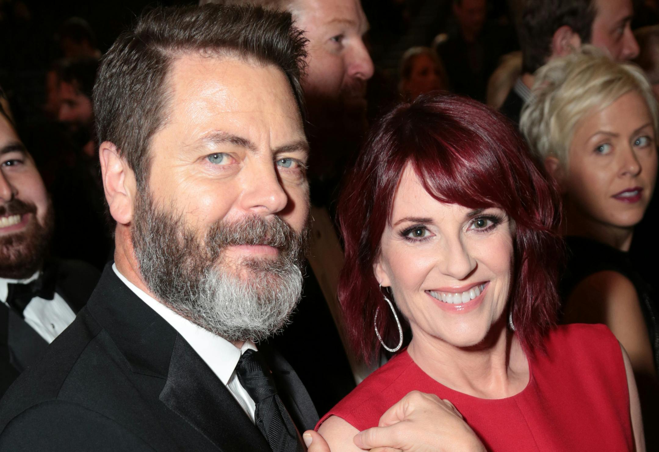 EXCLUSIVE - Megan Mullally, left, and Nick Offerman attend the 67th Primetime Emmy Awards on Sunday, Sept. 20, 2015, at the Microsoft Theater in Los Angeles. (Photo by Alex Berliner/Invision for the Television Academy/AP Images) ORG XMIT: INVL