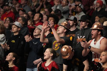 Mountain Iron-Buhl students cheer from the stands ahead of their team's Class 1A championship game..