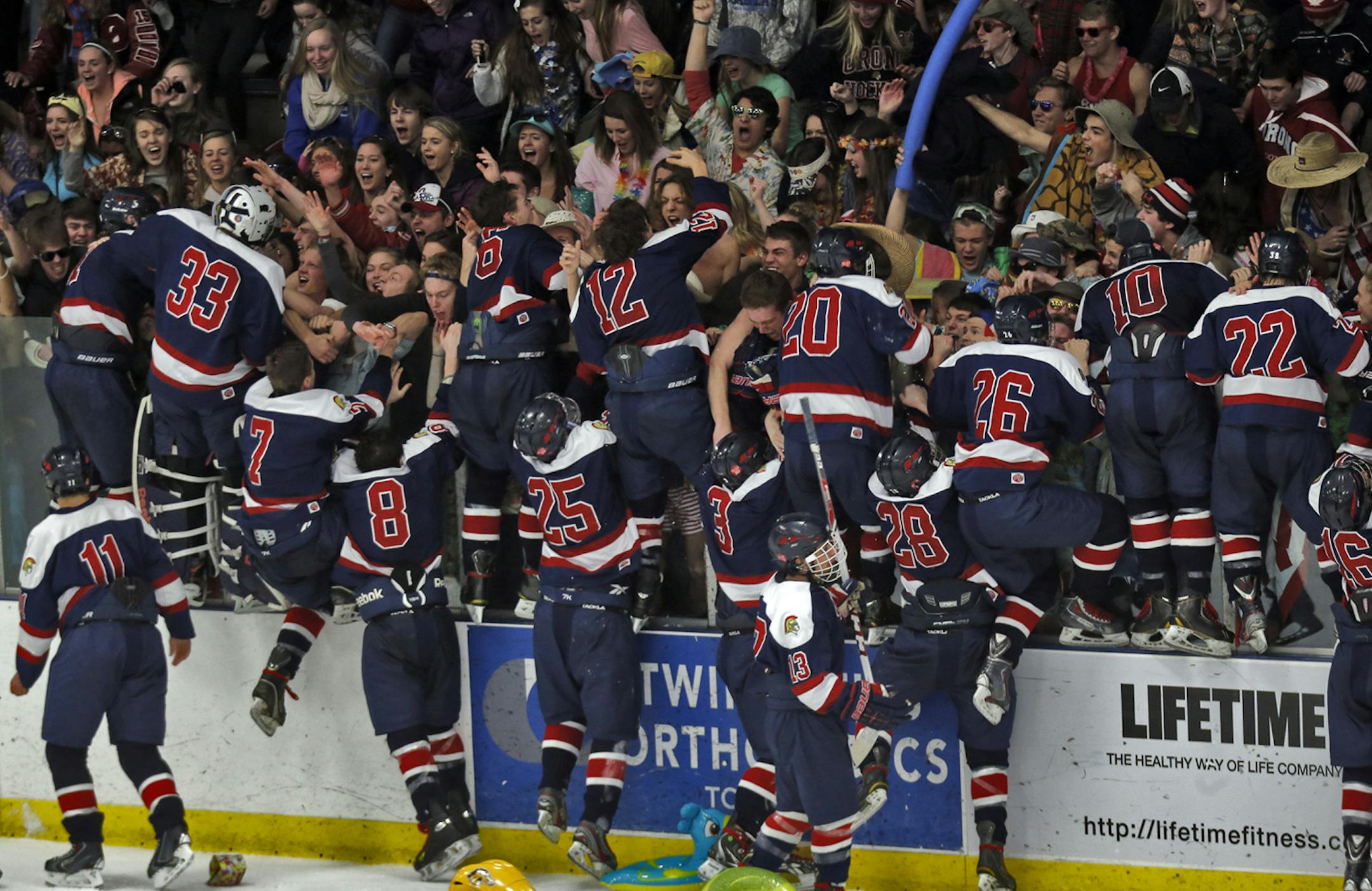 Orono players celebrated with the students in the stands at the end of the game. ] Boys hockey section final championship - Breck vs. Orono. Orono won 2-1. [ (MARLIN LEVISON/STARTRIBUNE(mlevison@startribune.com) ORG XMIT: MIN1402272111510653