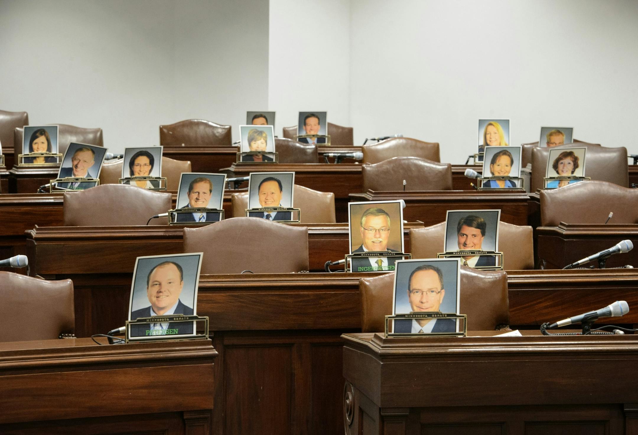 The temporary Senate Chamber is set up to be as close to the one in the Capitol as possible.