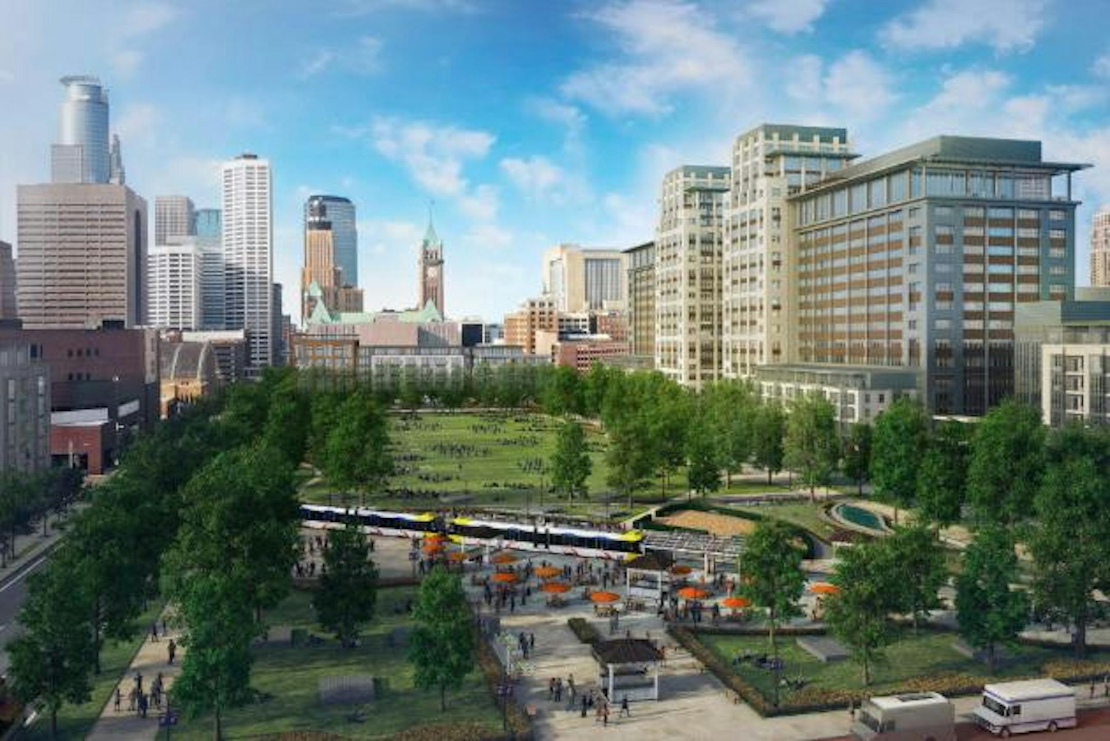 This artist's rendering by the Ryan Cos. shows the planned park and development in downtown Minneapolis near the new Vikings stadium.