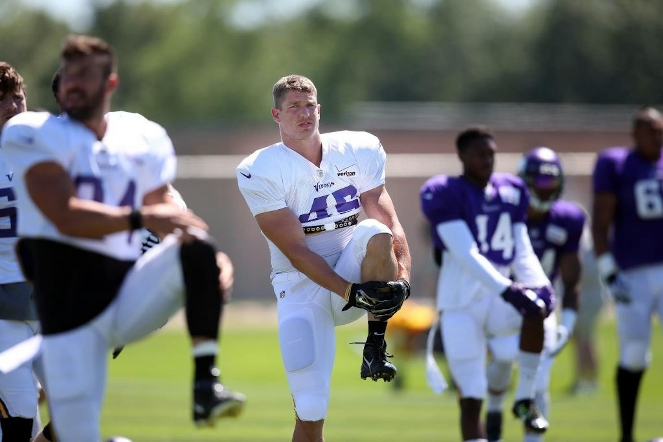 Linebacker Brian Peters warmed up during Vikings training camp at Minnesota State University Mankato Wednesday July 29, 2015 in Mankato, MN.