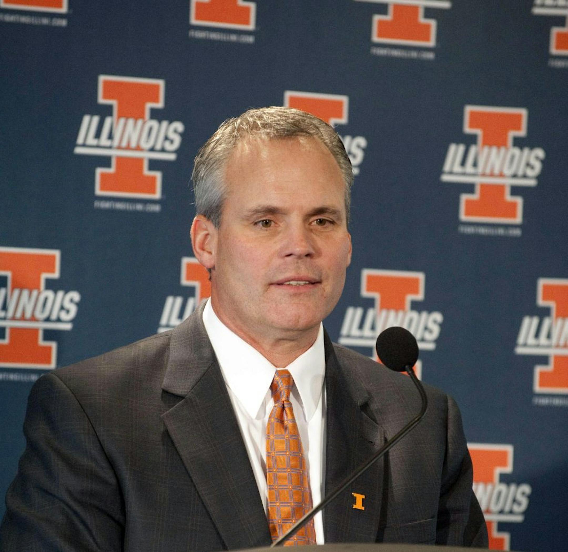 New Illinois football coach Tim Beckman listens to a question at a press conference at Memorial Stadium in Champaign, Ill., Friday, Dec. 9, 2011. Beckman replaces Ron Zook, who was fired last month after seven seasons. (AP Photo/The News-Gazette, Darrell Hoemann)