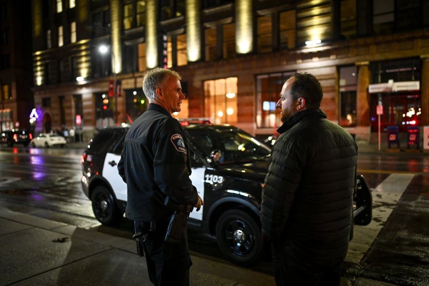 Minneapolis Police Lt. Nick Torborg spoke to Minneapolis City Council member Steve Fletcher about the recent shooting at the Aqua Night Club and Lounge while waiting for bars to let out downtown early Saturday morning.