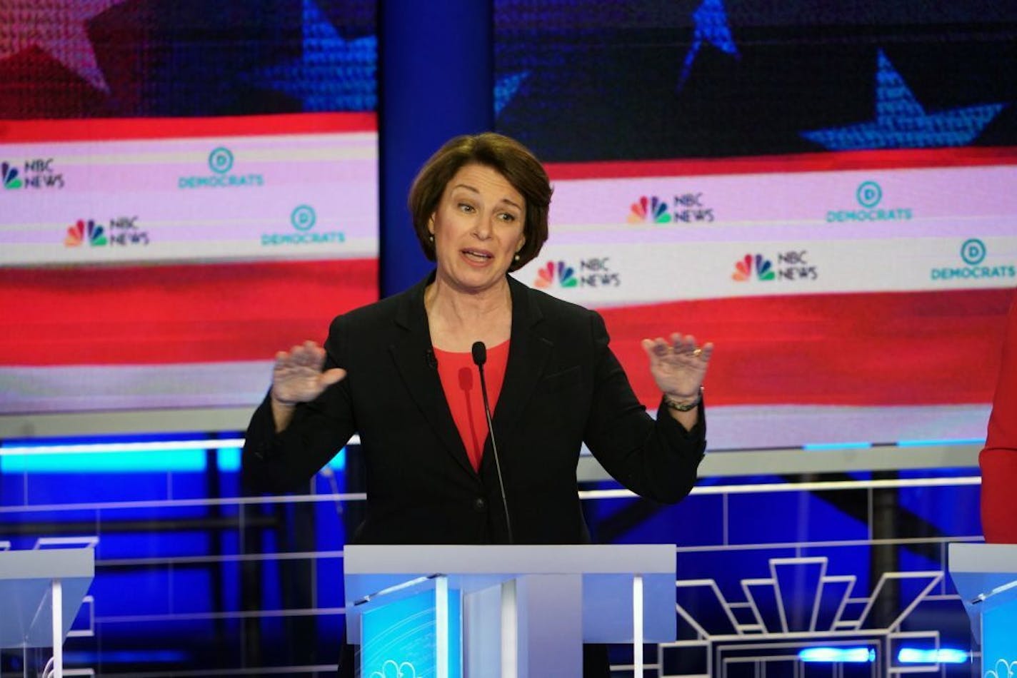 Sen. Amy Klobuchar (D-Minn.) delivers her closing statement during the first Democratic presidential debate in Miami on Wednesday night, June 26, 2019.