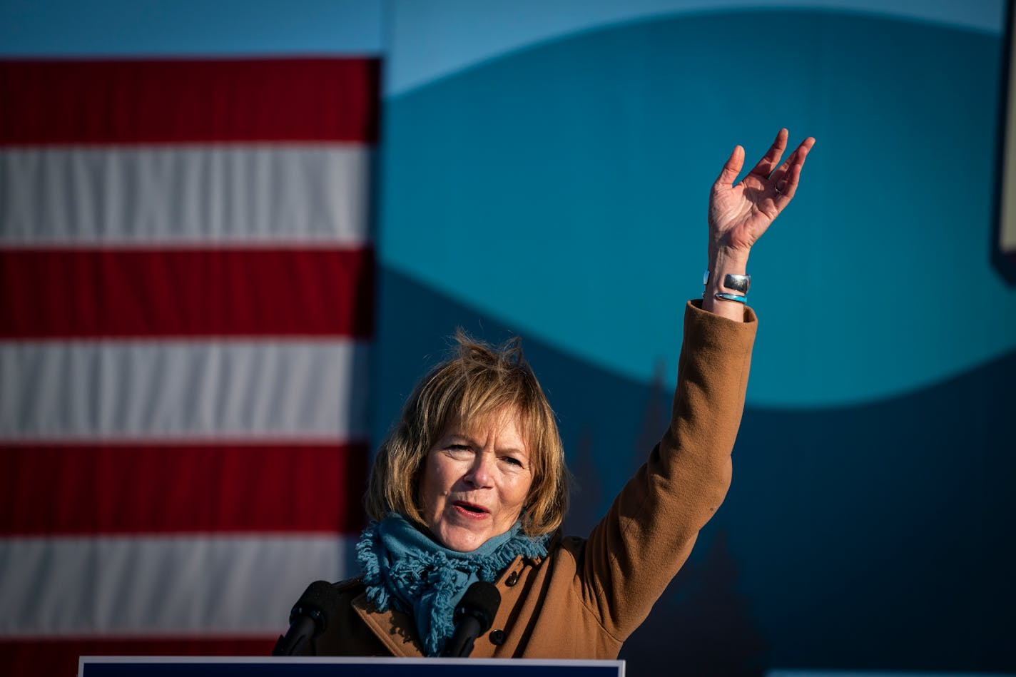 Senator Tina Smith spoke before Former Vice President Joe Biden during a drive-in campaign event in Falcon Heights. ] LEILA NAVIDI • leila.navidi@startribune.com