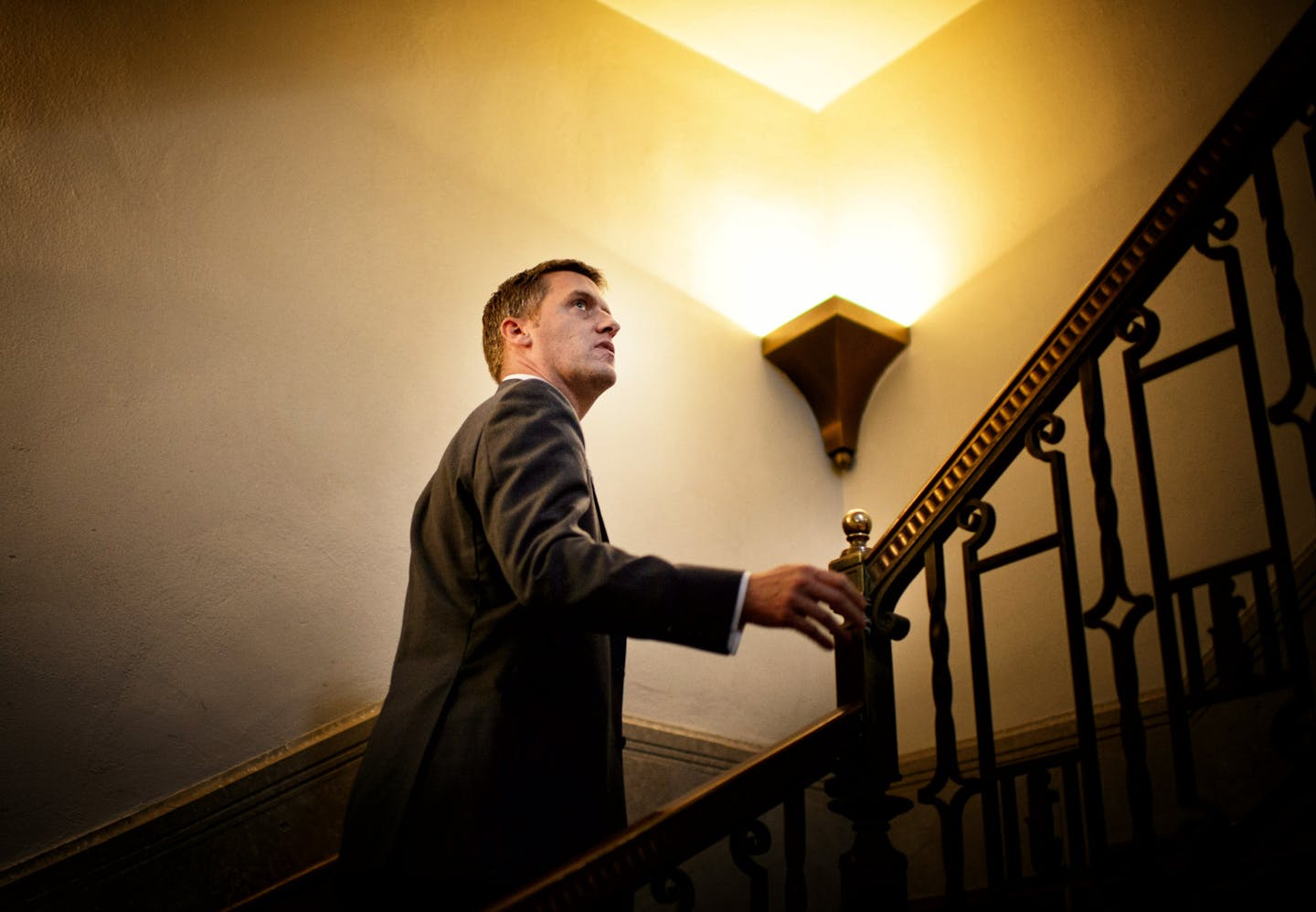 Kurt Daudt emerged from an all-day meeting of GOP legislators as as the new House Speaker-designate. He climbed the staircase from the basement meeting to cunduct his first news conference as House Speaker-designate. ] GLEN STUBBE * gstubbe@startribune.com Friday, November 7, 2014 Republican legislators have elected Kurt Daudt as the new House Speaker-designate and Rep. Joyce Peppin has been named Majority Leader-elect.