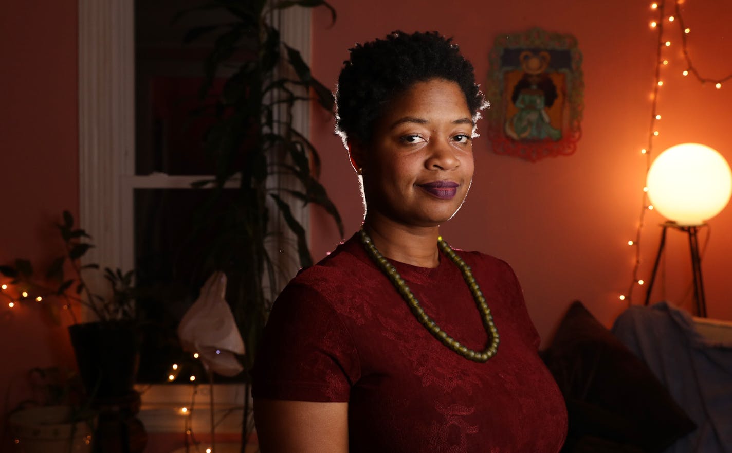 Poet Junauda Petrus stands for a portrait Friday at her home. ] ANTHONY SOUFFLE &#x2022; anthony.souffle@startribune.com Poet Junauda Petrus, who wrote the poem "A Prayer for Pussies" was disqualified by the city for public display on Nicollet Mall , stood for a portrait Friday, Dec. 30, 2016 at her home in Minneapolis. Petrus posted an open letter on Facebook describing her disappointment that the poem was disqualified, and explained in an interview that the poem was in part a response to Donal