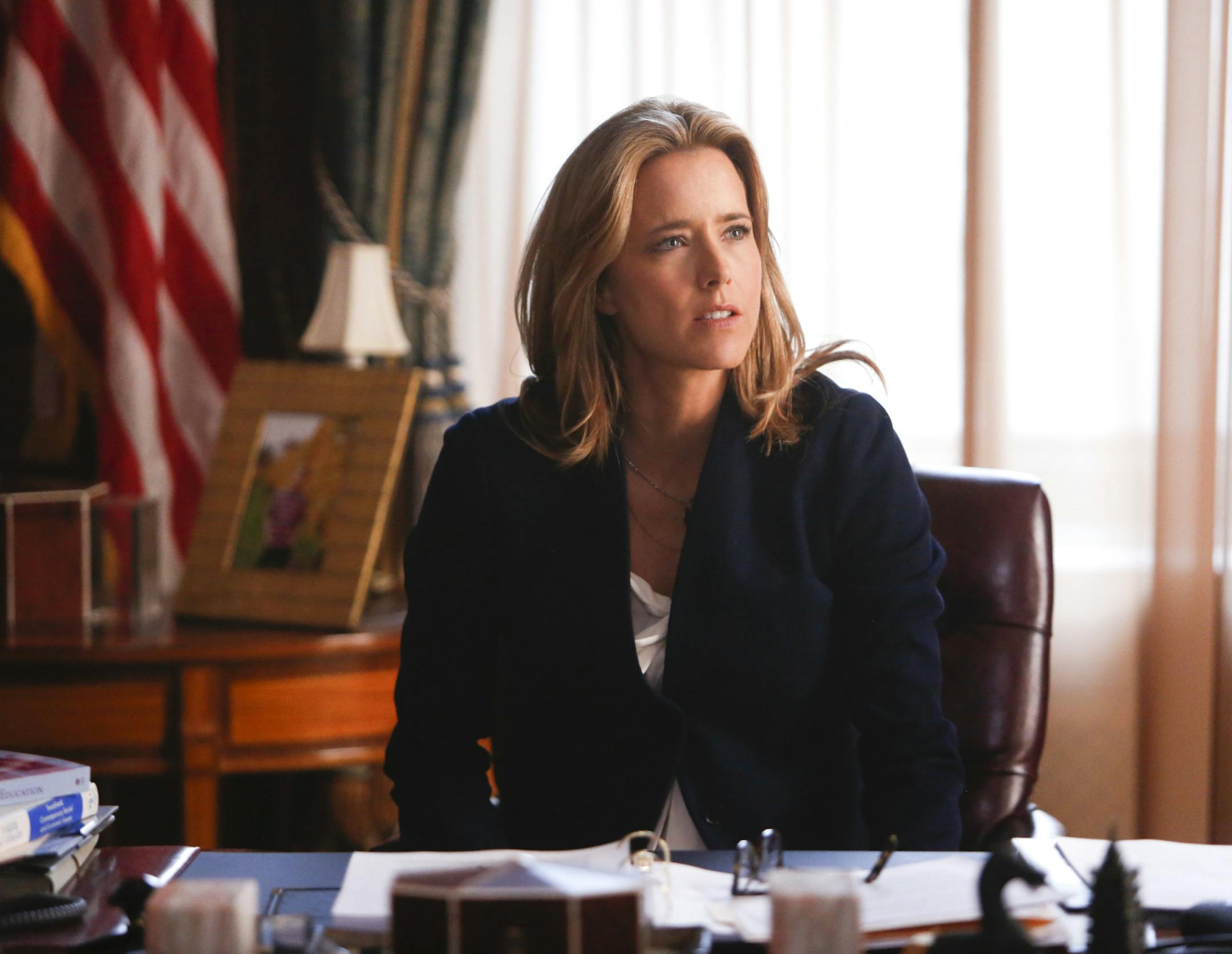 This image released by CBS shows Tea Leoni as Elizabeth McCord, the shrewd, determined, newly appointed Secretary of State in "Madam Secretary," premiering Sept. 21. (AP Photo/CBS, Craig Blankenhorn)