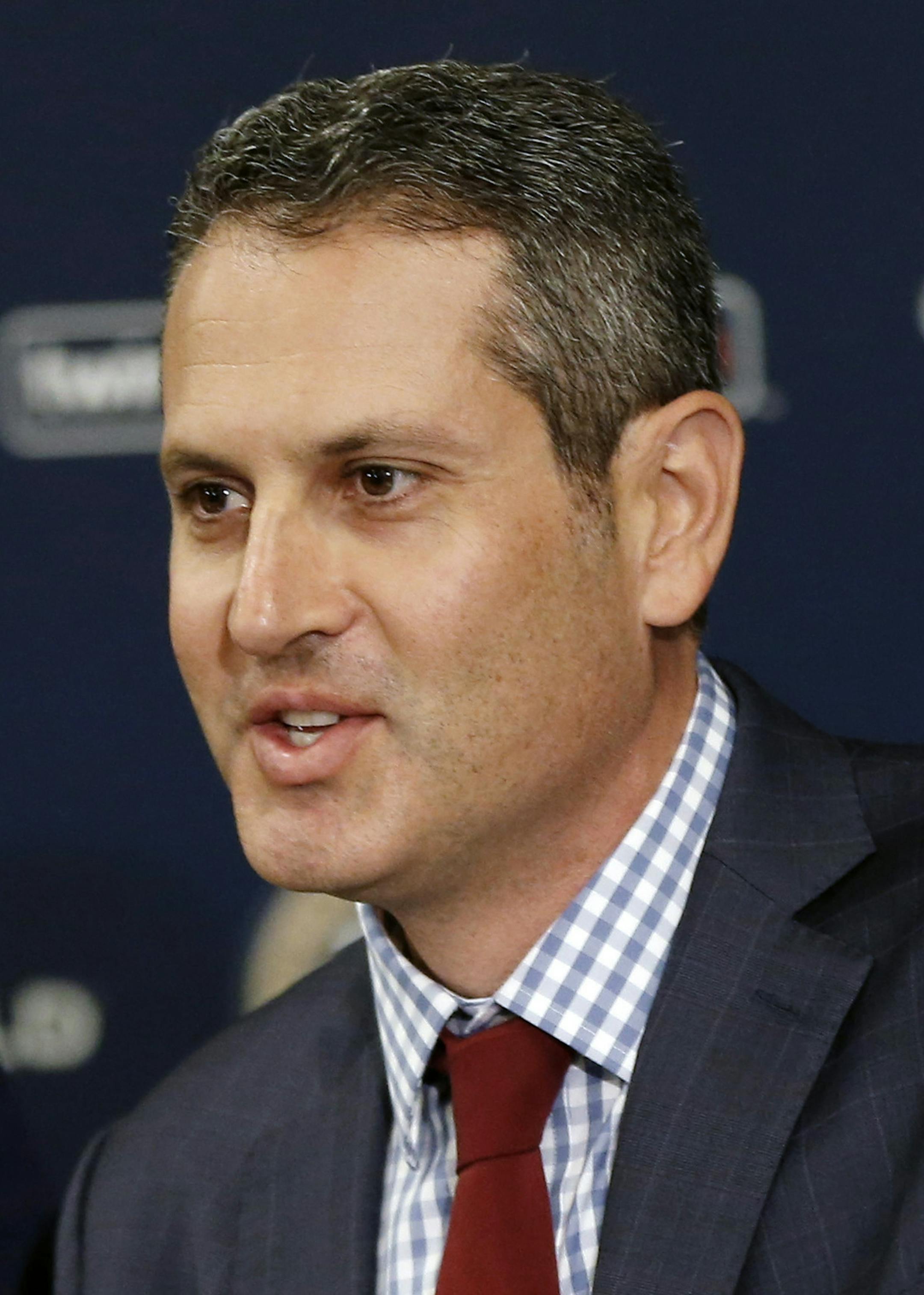 CORRECTS TAD TO THAD - Minnesota Twins new general manager Thad Levine addresses the media Monday, Nov. 7, 2016 in Minneapolis. (AP Photo/Jim Mone) ORG XMIT: MIN2016111017074689 ORG XMIT: MIN1611101709350185