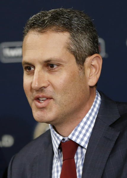 CORRECTS TAD TO THAD - Minnesota Twins new general manager Thad Levine addresses the media Monday, Nov. 7, 2016 in Minneapolis. (AP Photo/Jim Mone) OR