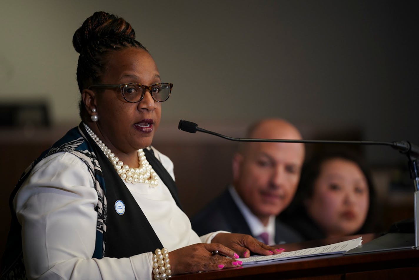 Jackie Turner, St. Paul Public Schools chief operations officer, spoke Feb. 26 about programming that would continue in the event of a strike. With her were Superintendent Joe Gothard and Marny Xiong, board chairwoman.