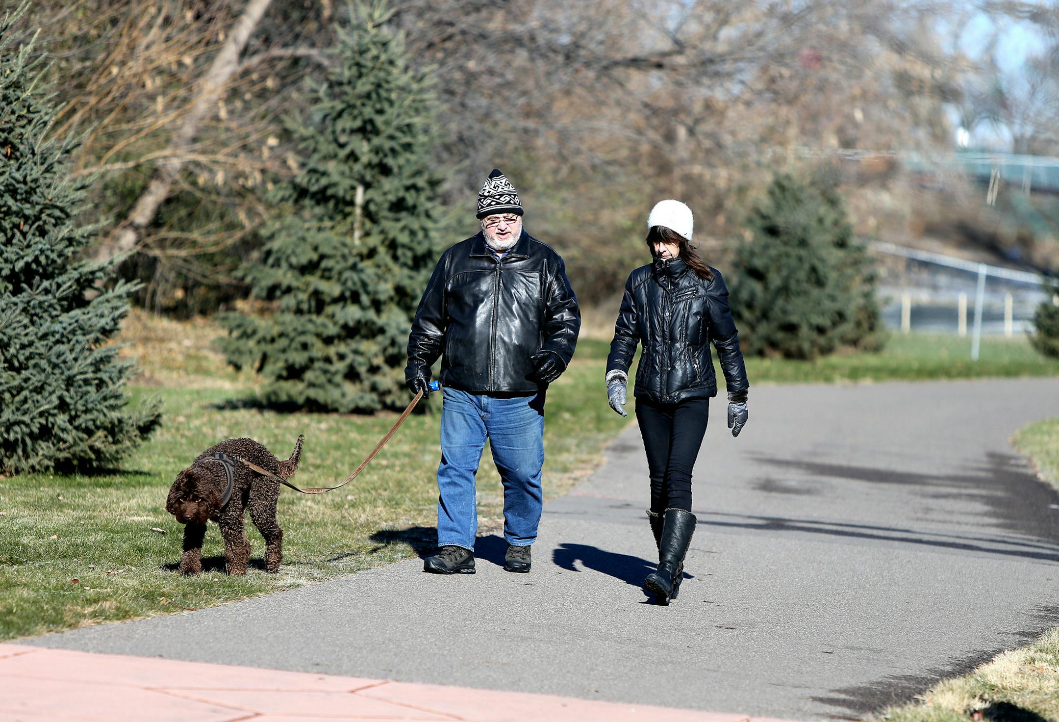Doug and Mary Watson took their dog "Willie" for a stroll along the Promenade bike and walking trail, Friday, November 22, 2013 in Edina, MN. Edina council will be looking at plans for the final phase of the Promenade, the walking and biking trail that runs north of Centennial Lakes to the Galleria/Target area. The trail, which is lined by sculptures, is getting a water feature that is linked to a building project in the area and also is supposed to improve storm water handling in the area. (ELI