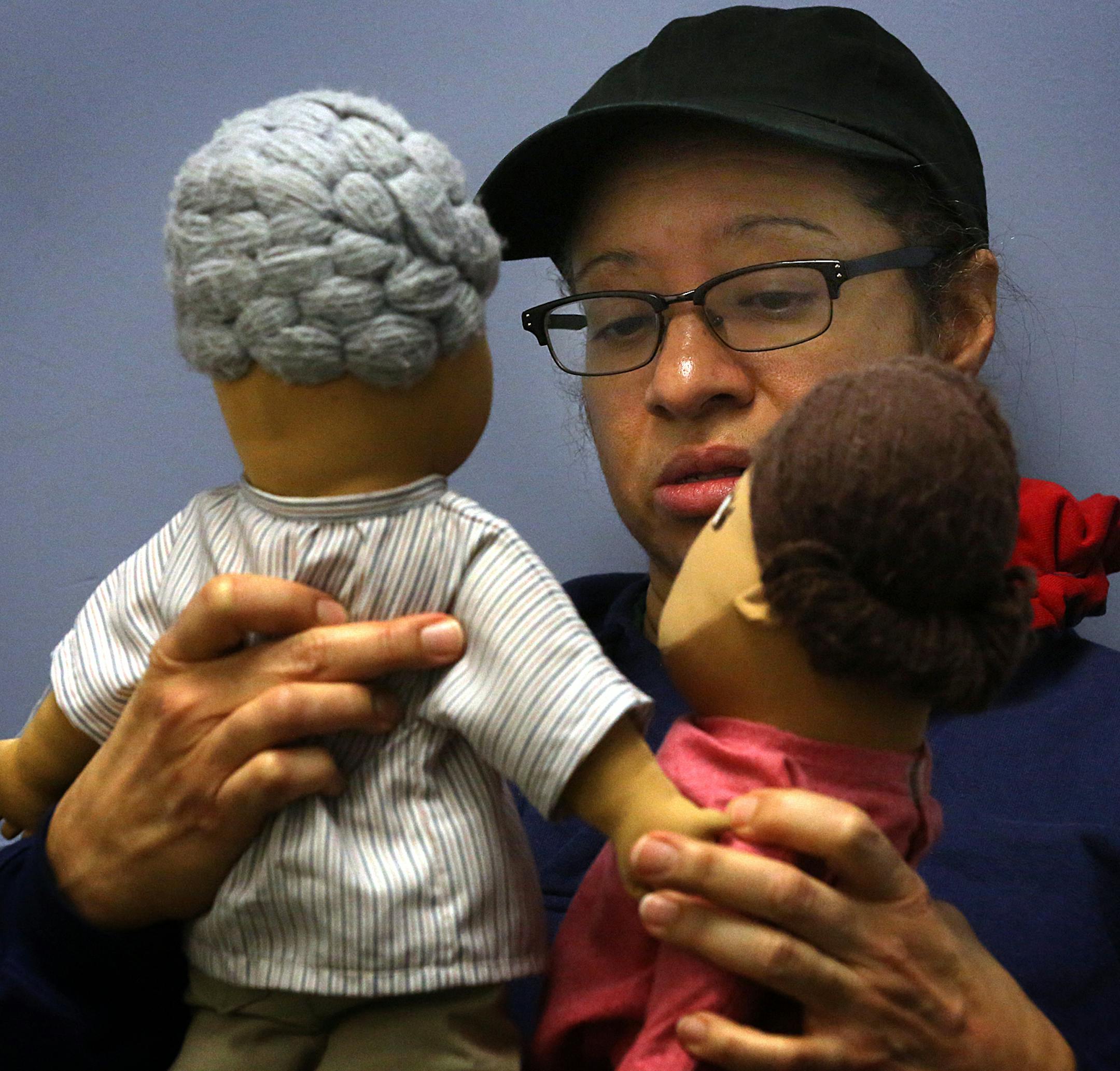 Trudy Monette (left) worked with anatomical dolls as she portrayed Rosalind, a 12-year-old girl who had been sexually abused. The learner for the session was Christa Jensen, a social worker with child protection in Kandiyohi County. ] JIM GEHRZ ï jgehrz@startribune.com / Minneapolis, MN / January 30, 2015 / 7:45 AM / BACKGROUND INFORMATION: Cornerhouse is a Minneapolis organization that trains law enforcement from around the country and the world to improve their techniques when interviewin