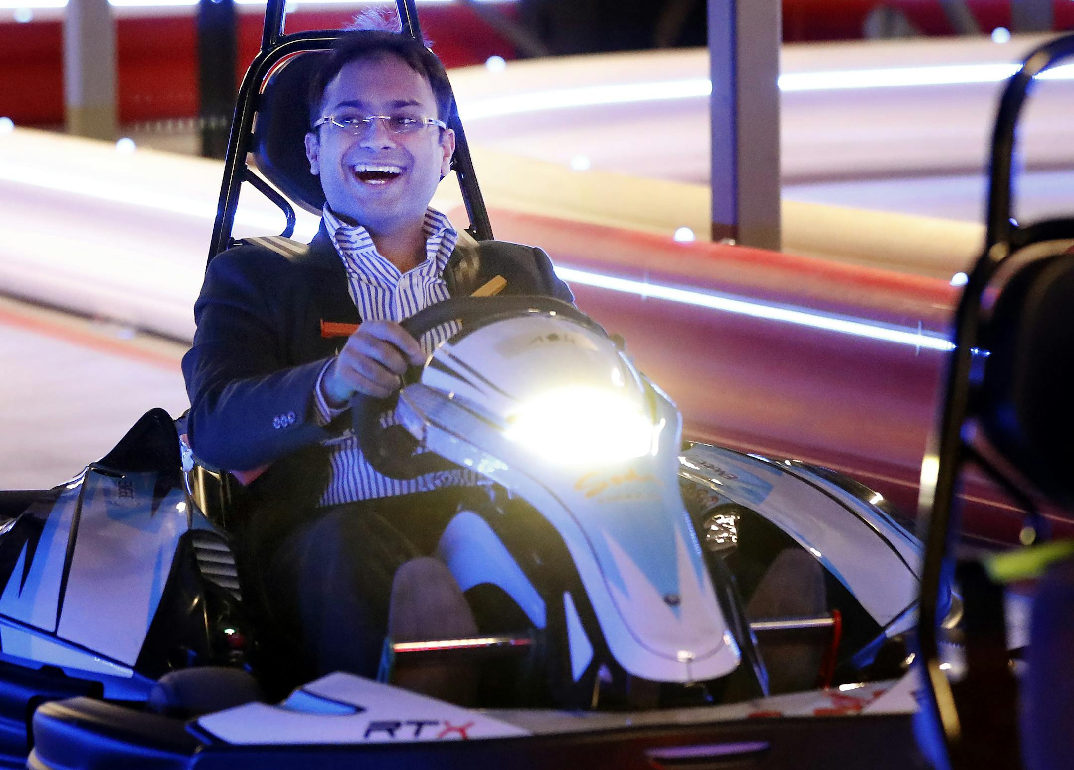Keshav Baljee, CEO of Smaaash, drove an electric go-cart at the new 40,000-square-foot attraction.