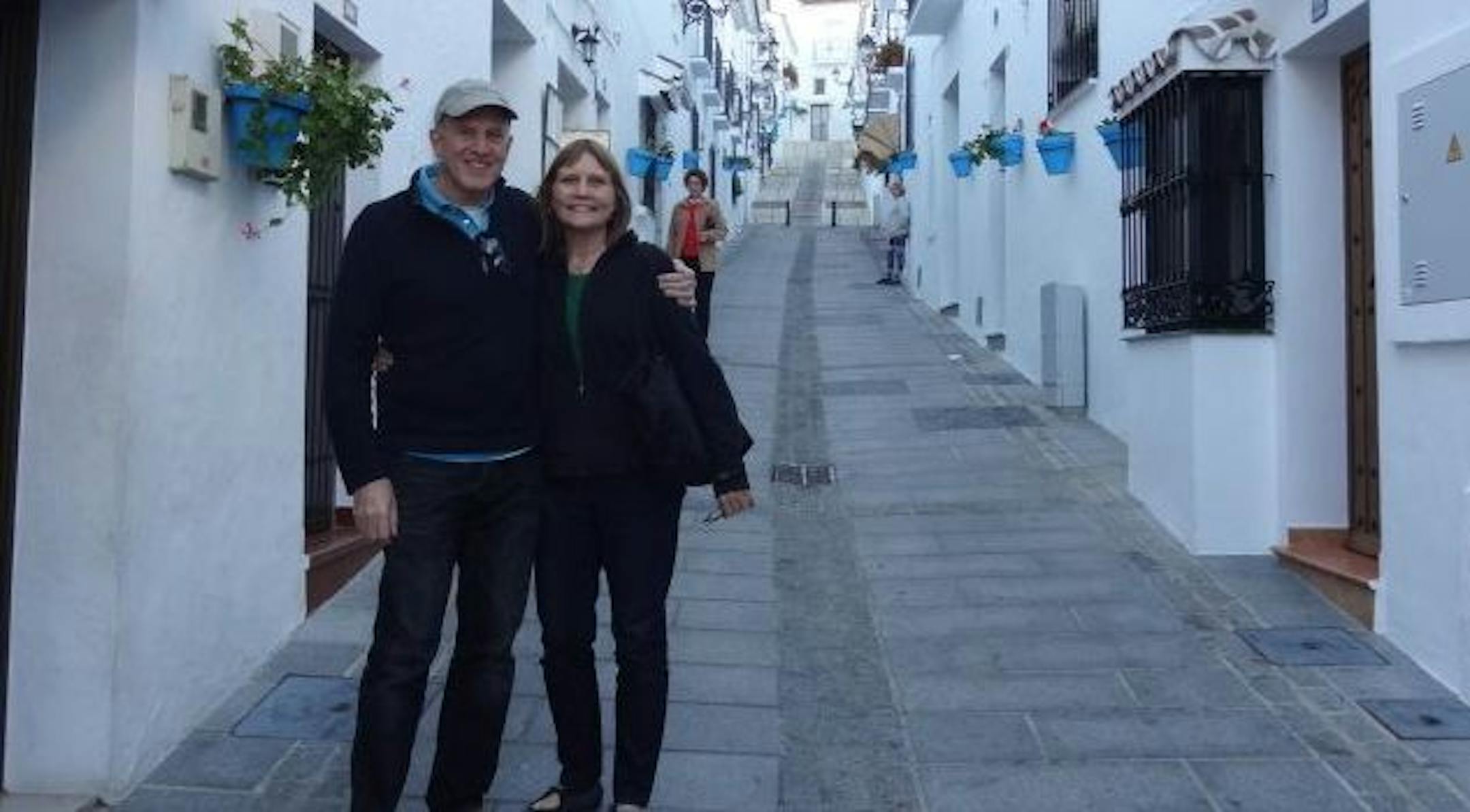 Tom Anderson and Kathryn Hagen street in Mijas, one of the region's beautiful "white cities, during an evening cultural field trip.
