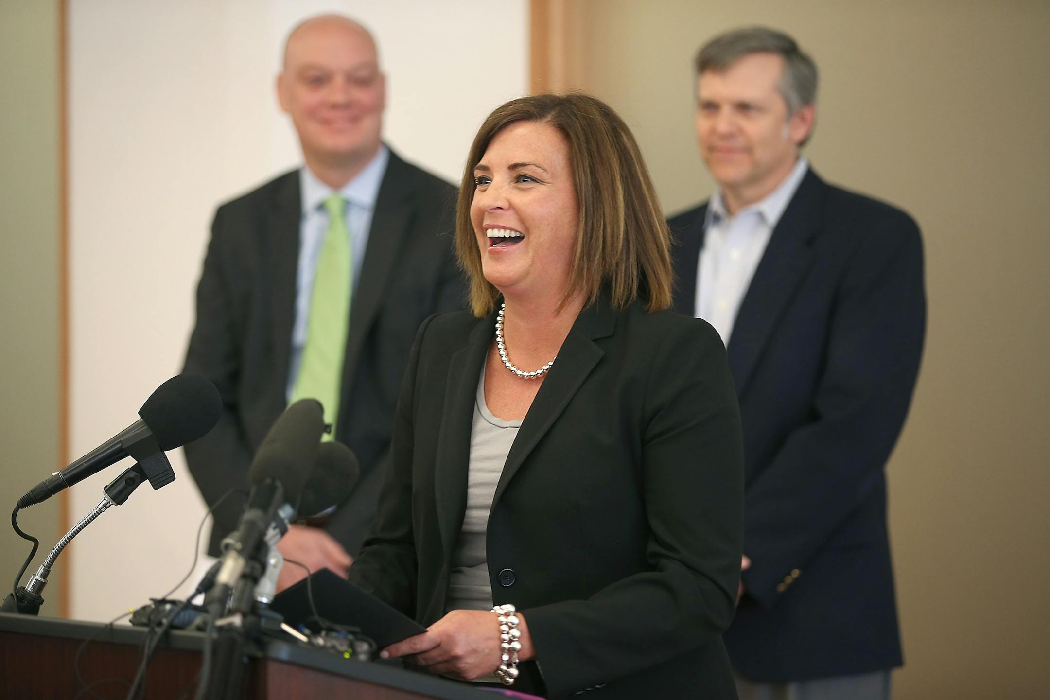 Allison O'Toole, newly appointed Interim Chief Executive Officer, addressed the media after the announcement of CEO Scott Leitz's resignation during a press conference, Monday, May 4, 2015 in St. Paul, MN.