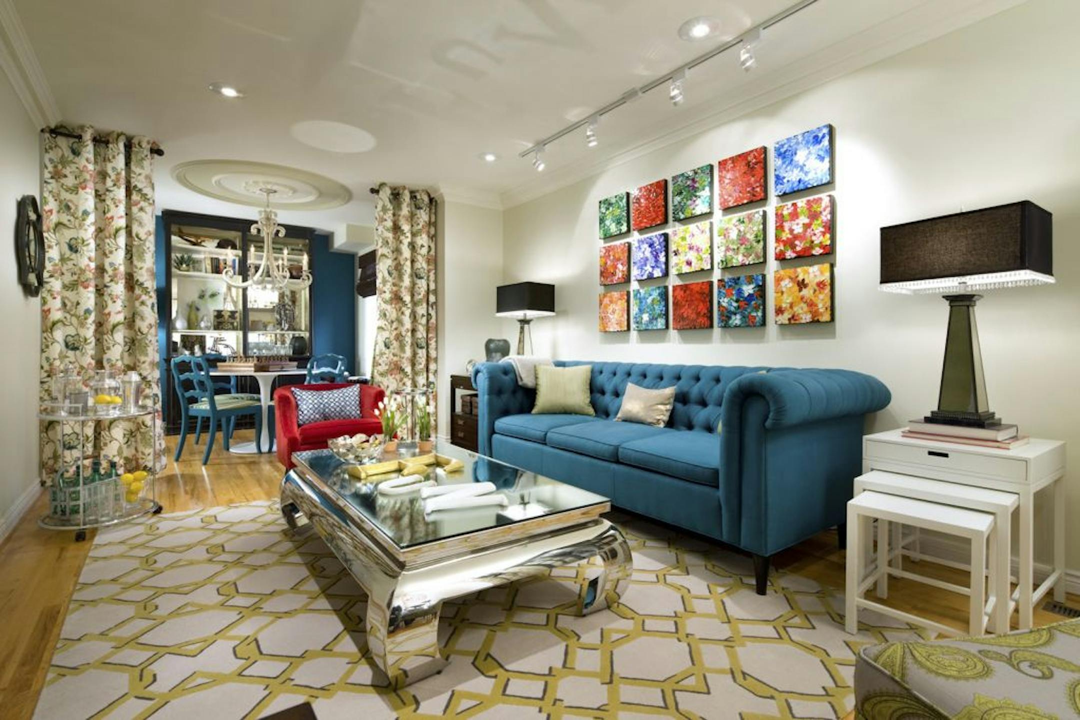 This remade party parlor now makes a big impact with artwork and dramatic color.