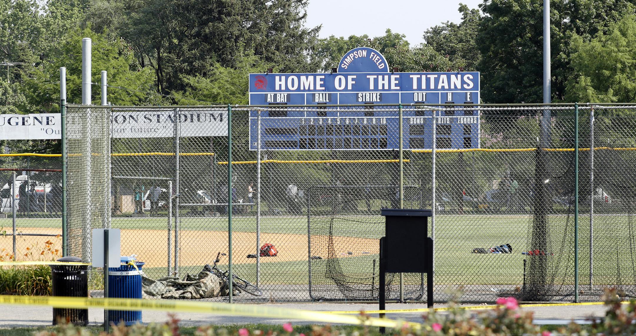 The baseball field that is the scene of a shooting in Alexandria, Va., Wednesday, June 14, 2017, where House Majority Whip Steve Scalise of La. was shot at a congressional baseball practice. (AP Photo/Alex Brandon) ORG XMIT: MIN2017061412302967