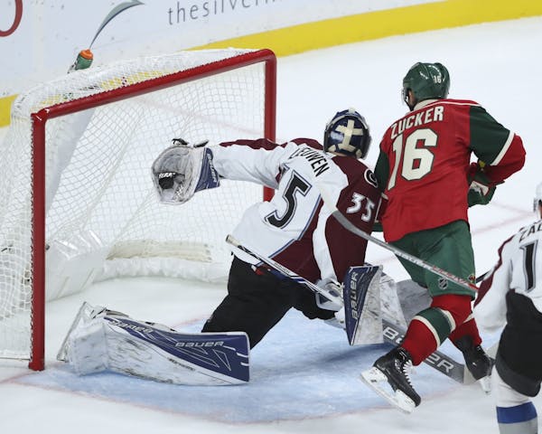 Avalanche goalie Nathan Lieuwen made a nice behind-the-back glove save of a flying puck in the third period Tuesday night with Minnesota Wild left win