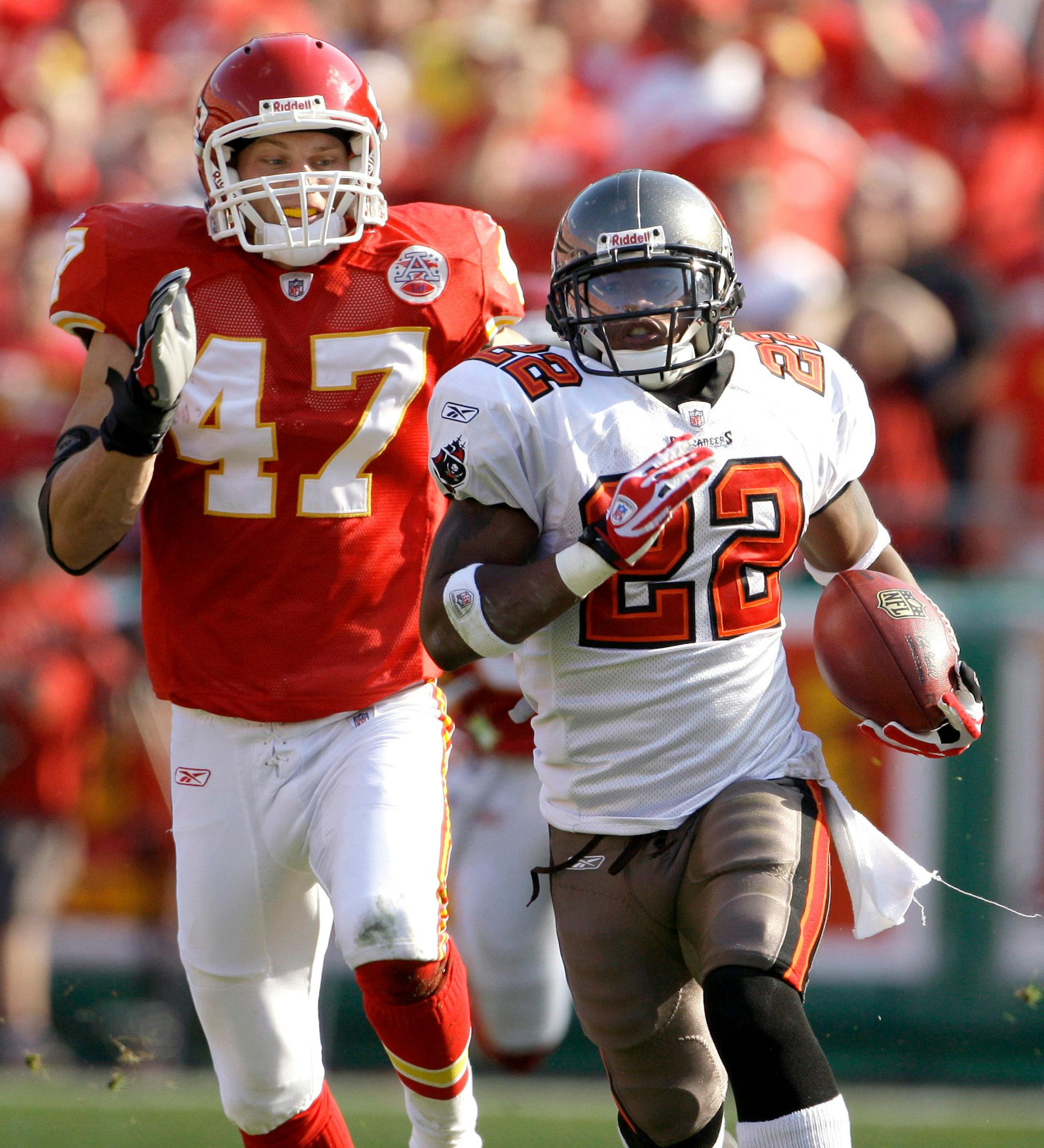 Buccaneers running back Clifton Smith (22) returned a kickoff 97 yards for a touchdown against Kansas City, and has set a franchise record for return yards.