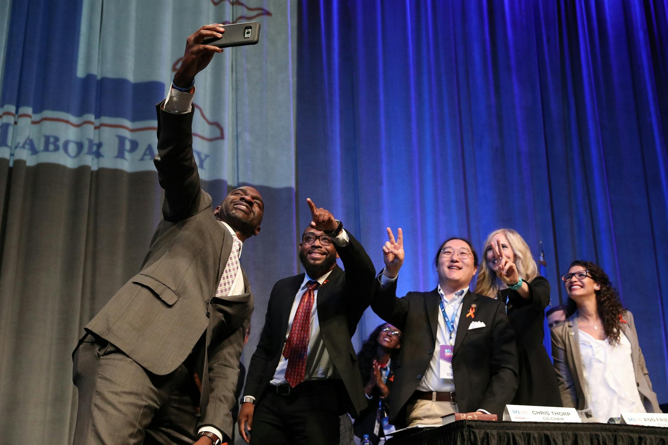 Michael Blake, vice chair of the Democratic National Committee, took a selfie with DFL leadership after speaking to delegates Saturday morning.