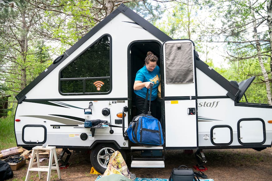 Holly Watson-Wetzel packed up the inside of her A-frame camper at Moose Lake State Park.