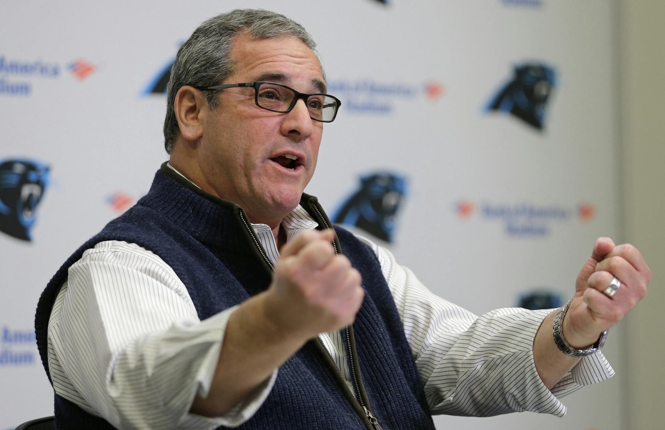 Carolina Panthers general manager Dave Gettleman answers a question during an end of season news conference for the NFL football team in Charlotte, N.C., Tuesday, Jan. 13, 2015. (AP Photo/Chuck Burton) ORG XMIT: NCCB105