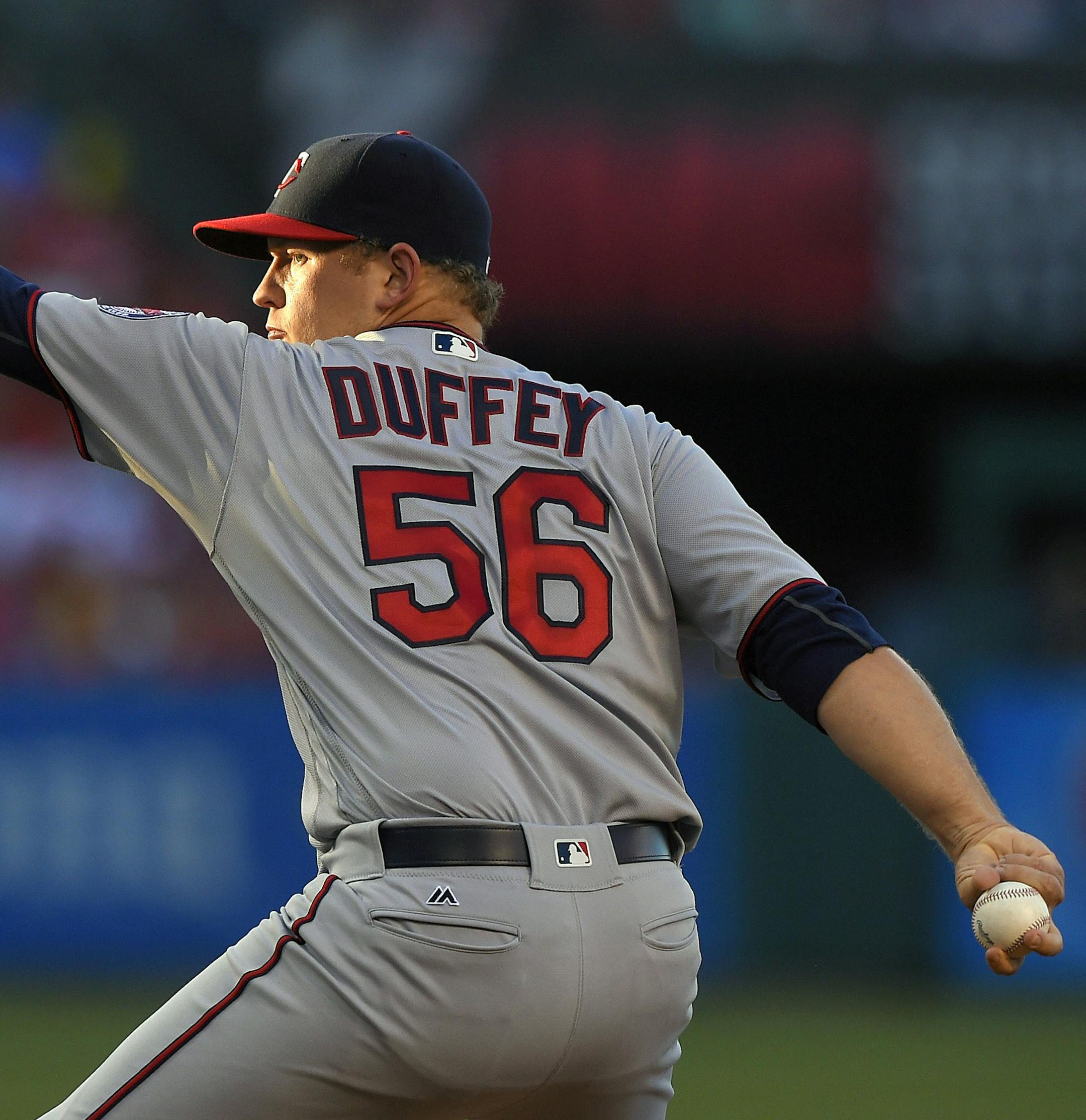 Minnesota Twins starting pitcher Tyler Duffey throws to the plate during the first inning of a baseball game against the Los Angeles Angels, Wednesday, June 15, 2016, in Anaheim, Calif. (AP Photo/Mark J. Terrill)
