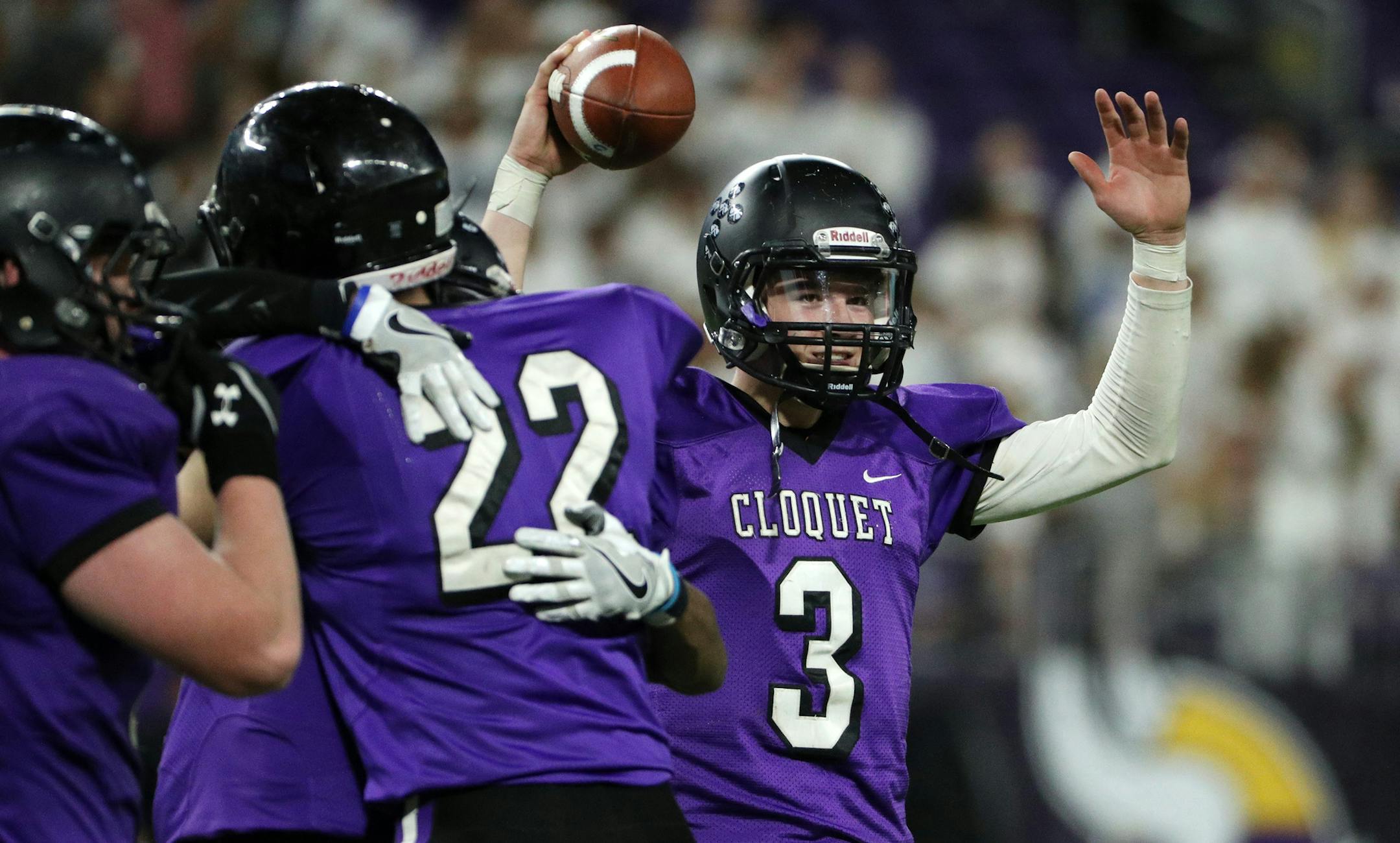 Cloquet High School quarterback Tim Pokornowski (3) celebrated the win over South Saint Paul High School. ] ANTHONY SOUFFLE &#xef; anthony.souffle@startribune.com Game action from a Class 4A semifinal football game between South Saint Paul High School and Cloquet High School Friday, Nov. 17, 2017 at U.S. Bank Stadium in Minneapolis.