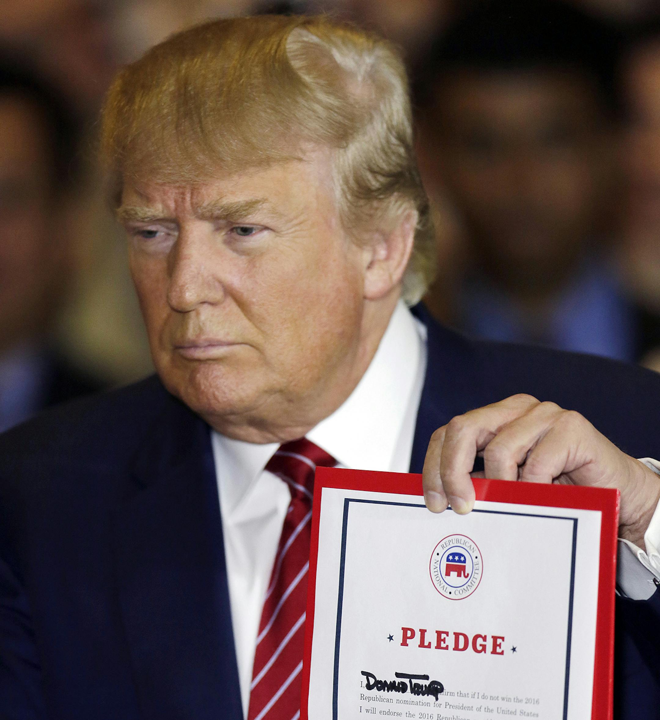 Republican presidential candidate Donald Trump holds a news conference in Trump Tower, Thursday, Sept. 3, 2015 in New York. Trump ruled out the prospect of a third-party White House bid and vowed to support the Republican Party's nominee, whoever it may be. (AP Photo/Mark Lennihan) ORG XMIT: MIN2015090315541850