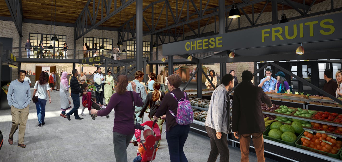 A rendering of the interior of the Keg & Case Market at the Schmidt Brewery complex in St. Paul. Image provided by Studio M Architects.