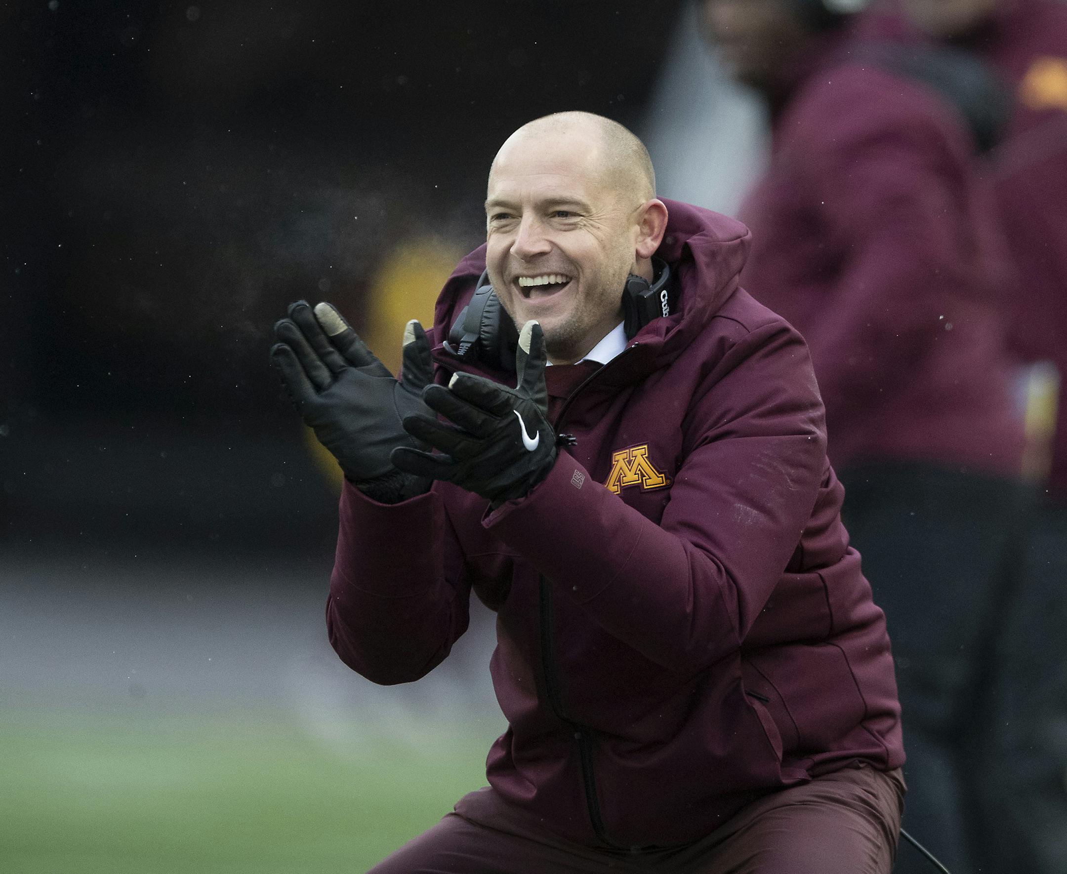 Minnesota's Head Coach P. J. Fleck celebrated a touchdown during the second quarter as Minnesota took on Purdue at TCF Bank Stadium, Saturday, November 10, 2018 in Minneapolis, MN. ] ELIZABETH FLORES &#x2022; liz.flores@startribune.com