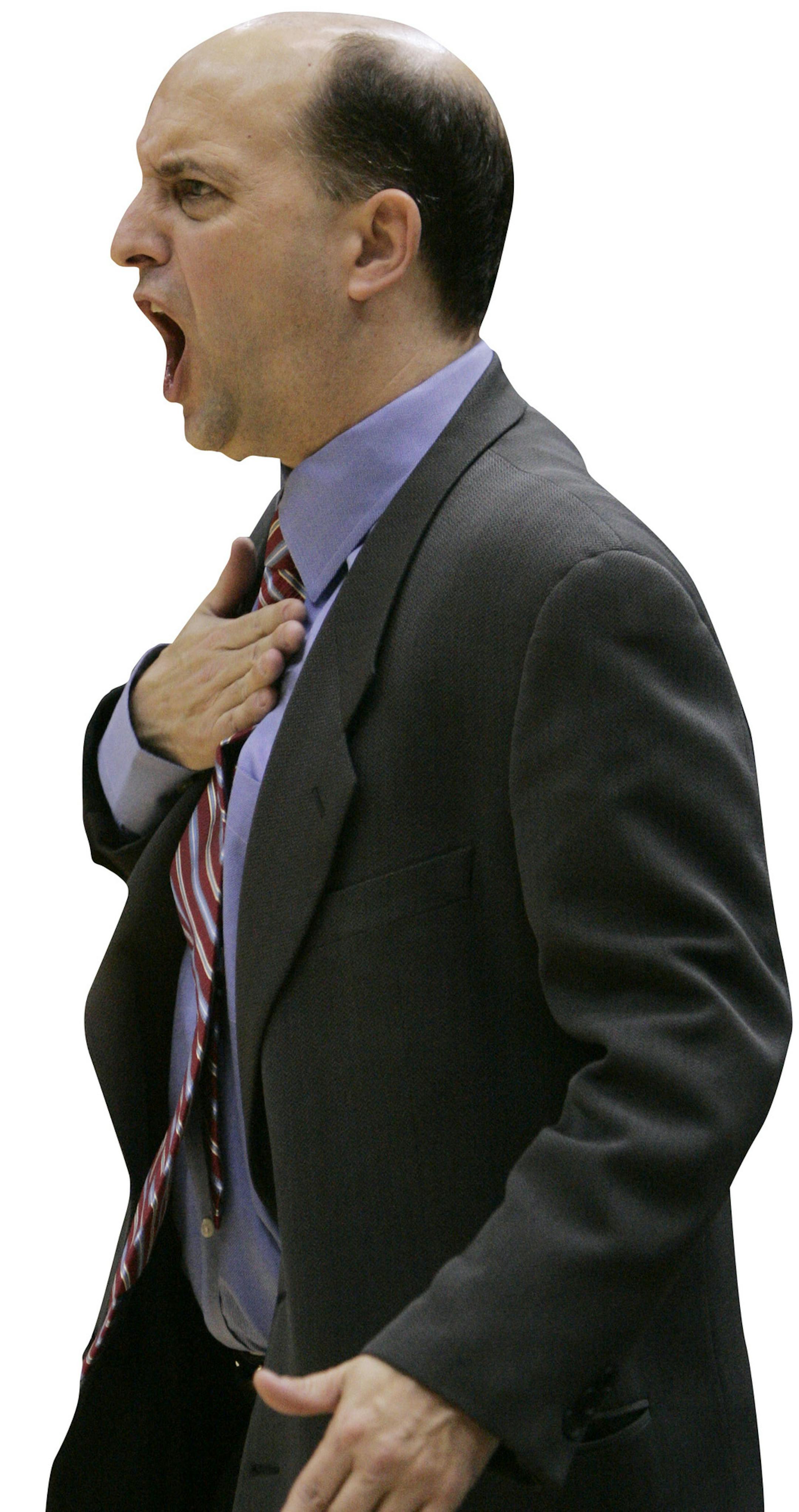 Houston Rockets coach Jeff Van Gundy yells to his players during the third quarter against the Utah Jazz in an NBA playoff basketball game Saturday, April 28, 2007, in Salt Lake City. The Jazz beat the Rockets 98-85. (AP Photo/Douglas C. Pizac) ORG XMIT: SLCC119