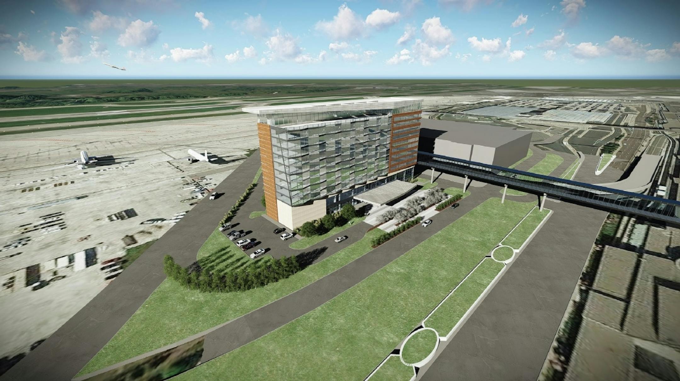 A rendering shows the hotel situated in the middle of the remade roadway. The arrival lanes are on the right, with the departing lanes on the left, between the hotel and airport field.