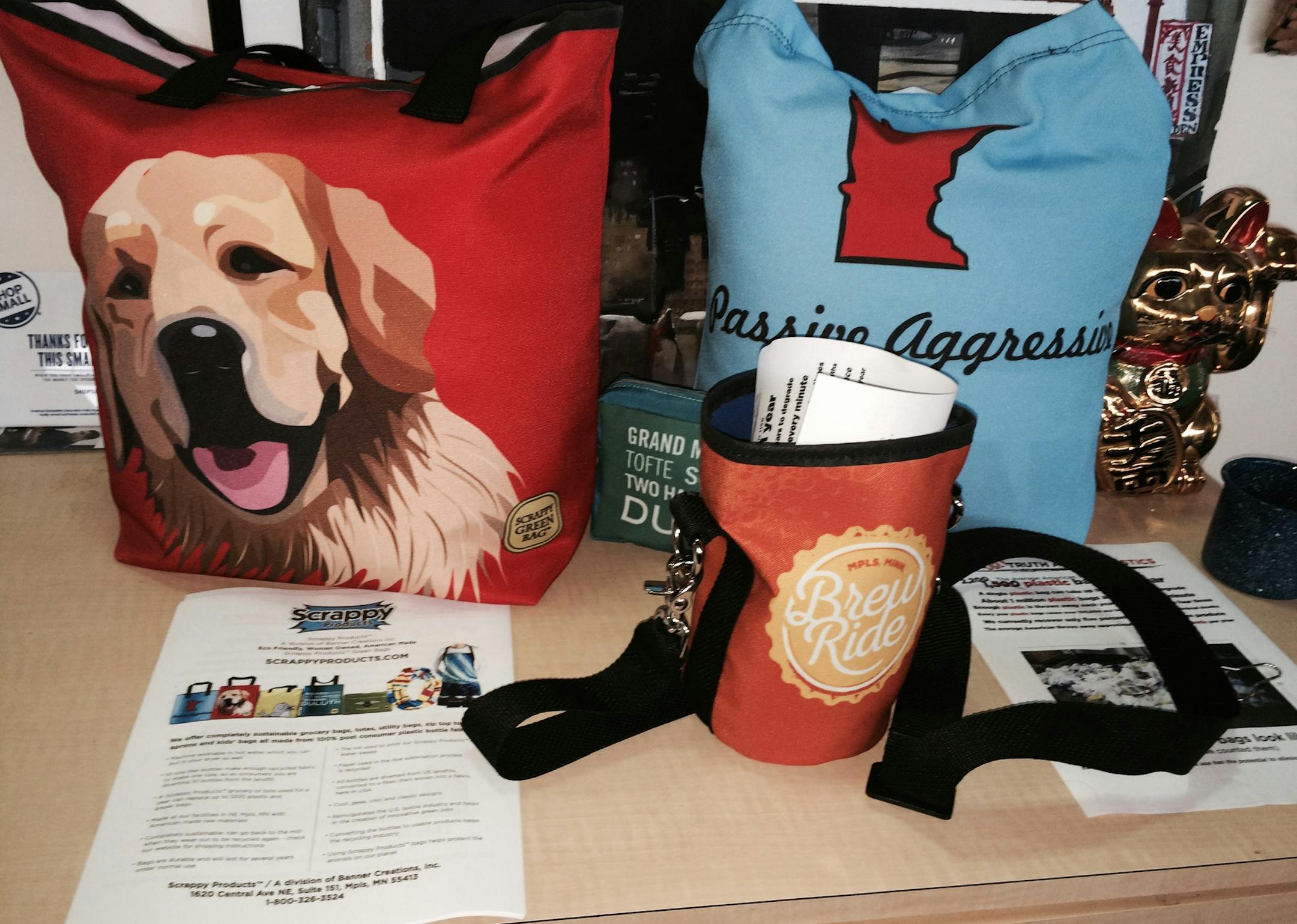 Several reusable bags made from fabric made of recycled milk jugs by the "Scrappy Products" division of Banner Creations of Minneapolis. Photo: Neal.St.Anthony@startribune.com