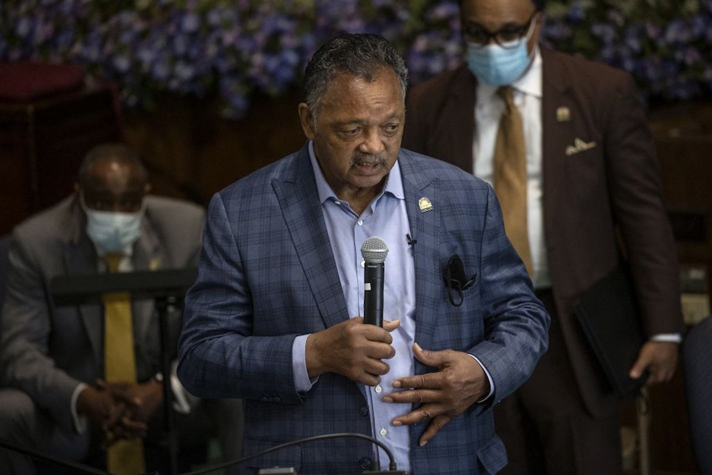 The Rev. Jesse L. Jackson, left, and his son met with faith leaders to send a message of solidarity and demand justice in the death of George Floyd at Greater Friendship Missionary Baptist Church, Thursday, May 28, 2020 in Minneapolis, MN.