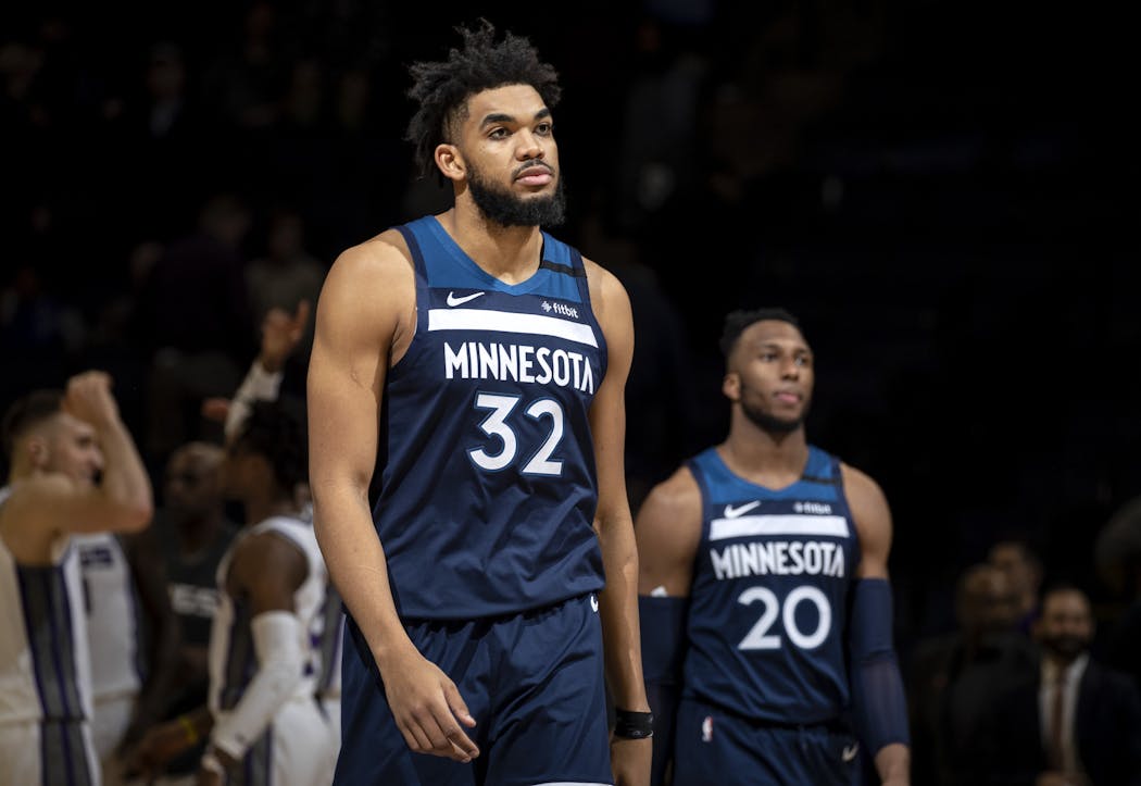 Timberwolves center Karl-Anthony Towns at the end of the game.