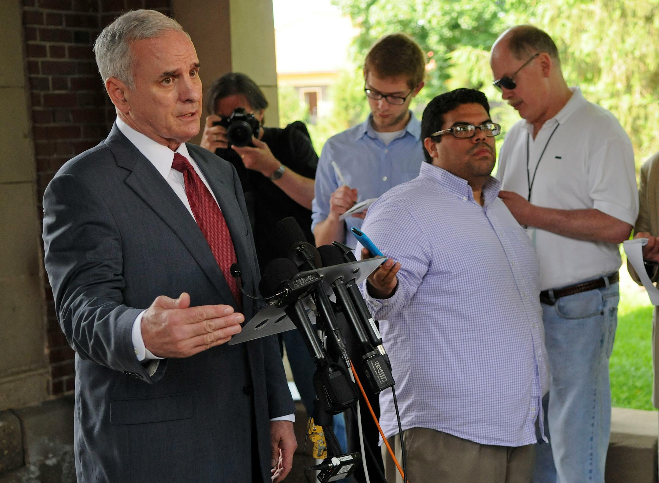 Richard Sennott/Star Tribune. Richard.Sennott@startribune.com St paul, Mn. Friday 06/03/11 ] This morning Gov. Mark Dayton held a closed-door meeting about the budget impasse at the Governor's residence. After meeting with key republican state leadership, he talked with the media about the status of the budget negotiations.