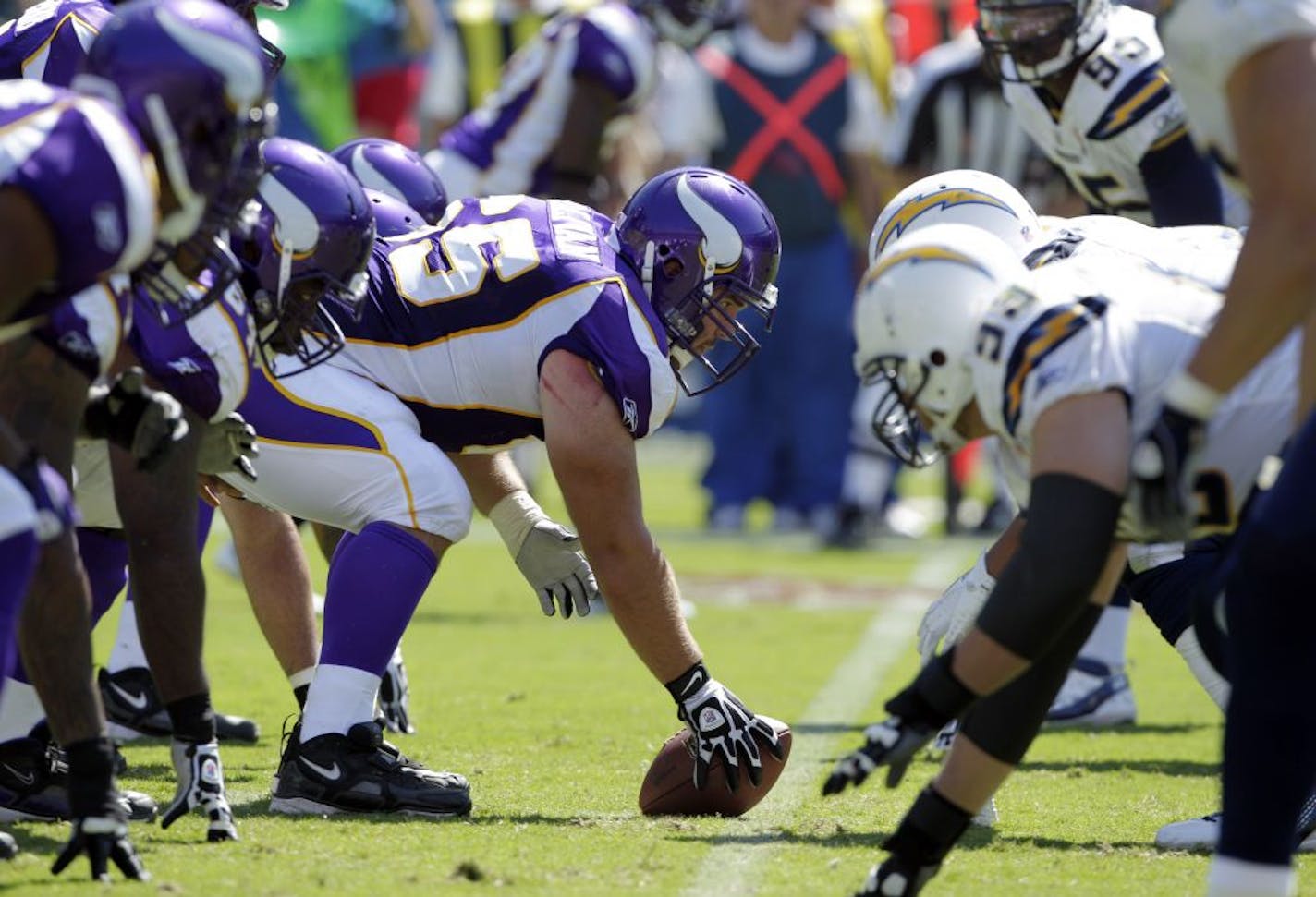 Minnesota Vikings center John Sullivan lines up against the San Diego Chargers in September.