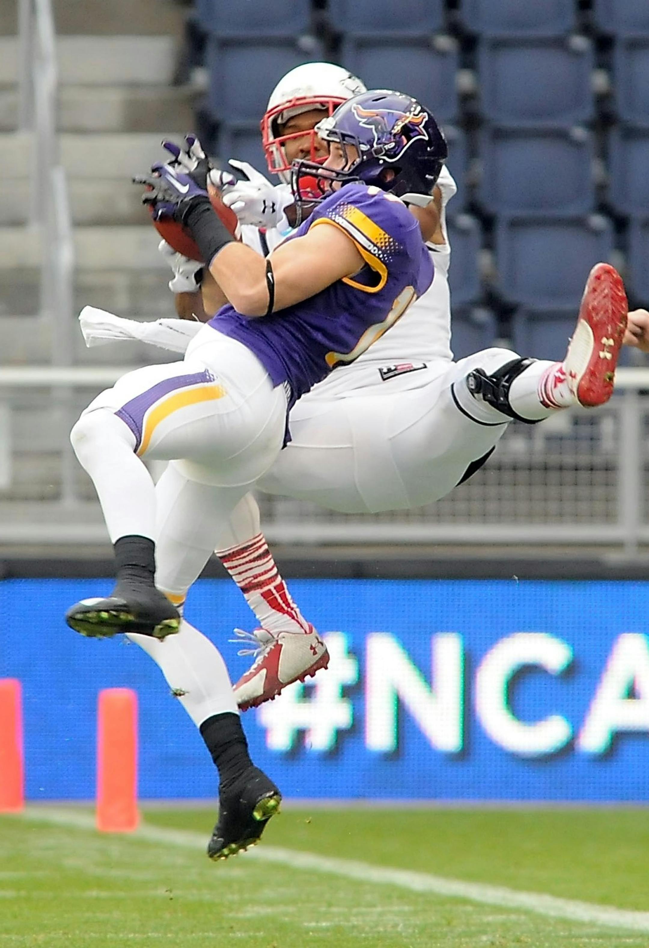 Minnesota State's Justin Otto interceps a pass intended for Colorado State-Pueblo's Paul Browning during the first half of the NCAA Division II national championship game Saturday at Sporting Park in Kansas City. Photo by Pat Christman
